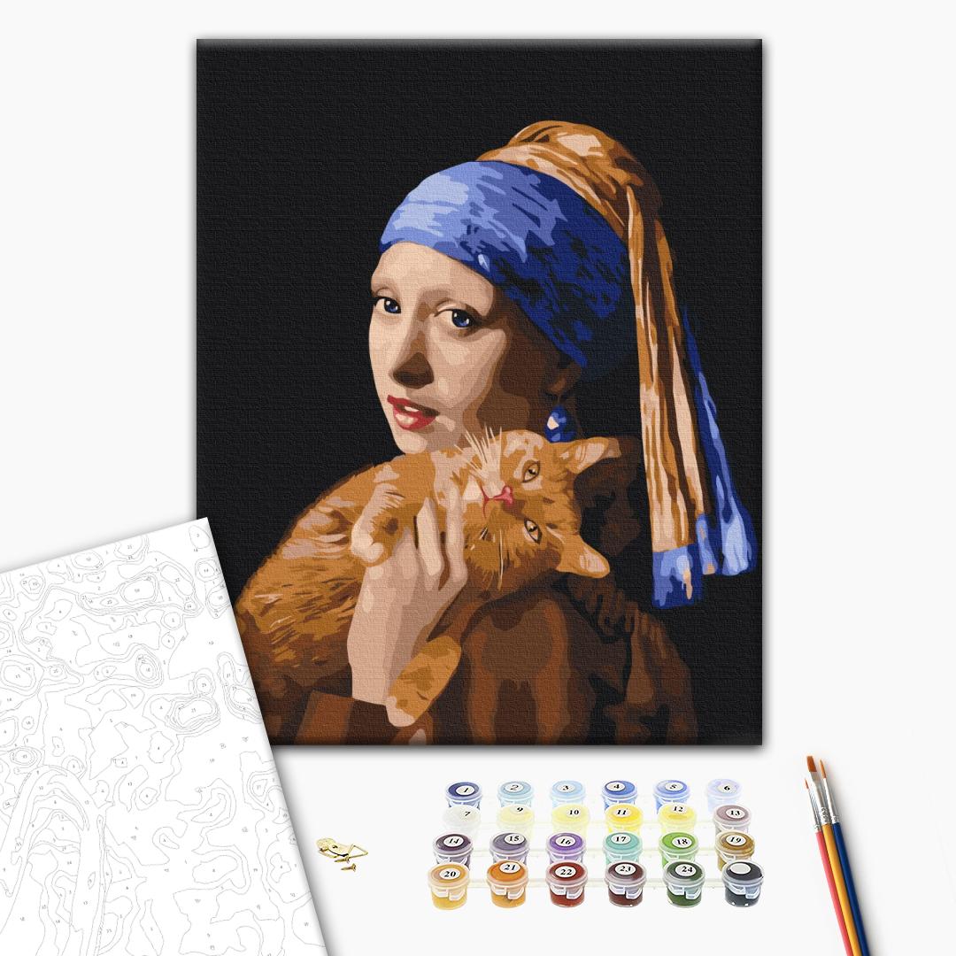 Malen nach Zahlen - Girl with a pearl and a ginger cat