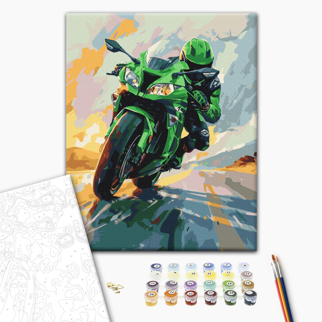 Malen nach Zahlen - Green motorbike in full speed