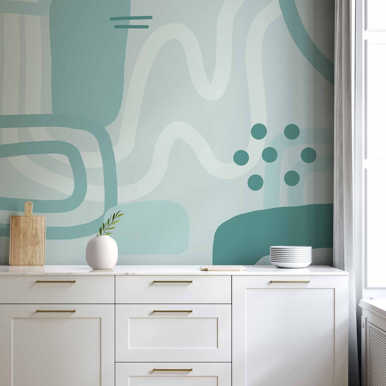 Fototapete - Geometric forms and patterns - abstract background with turquoise patterns