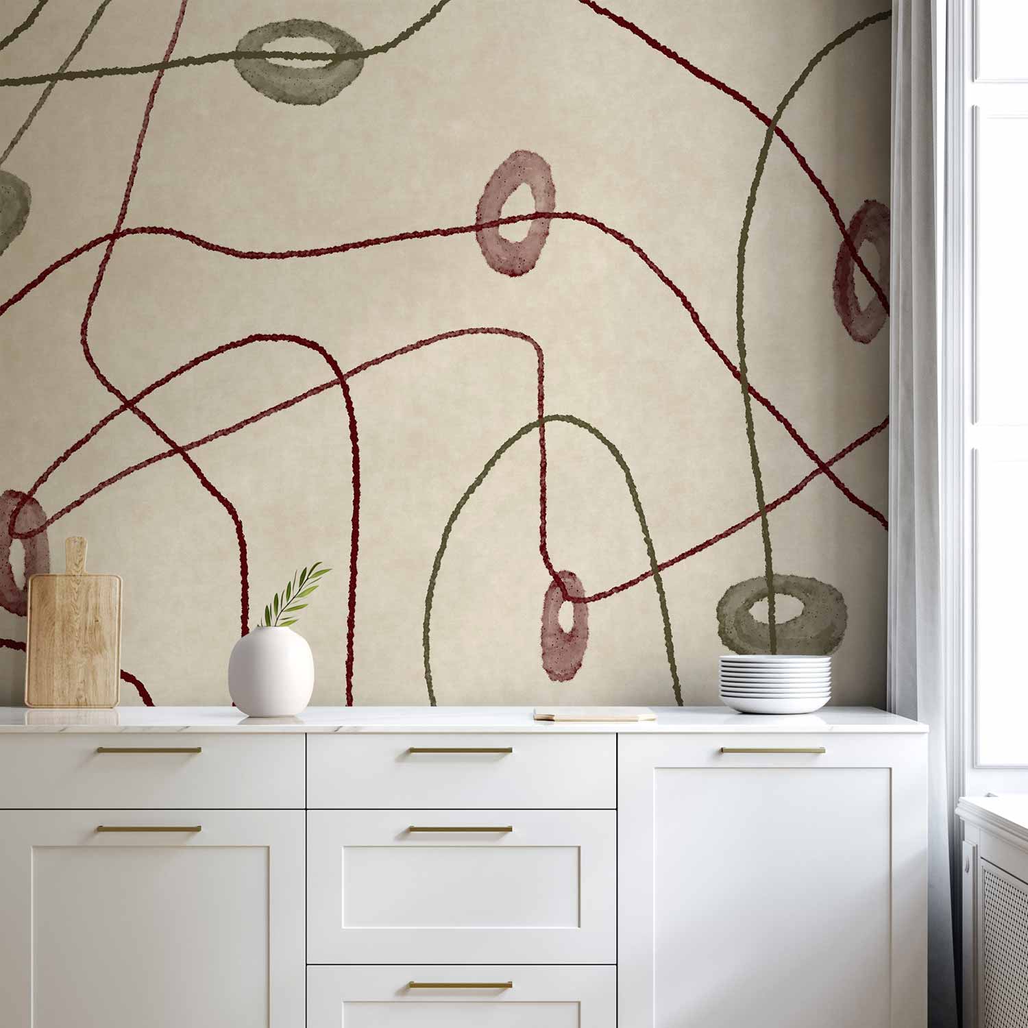 Fototapete - Lines and shapes – bead labyrinth on a pale washed background