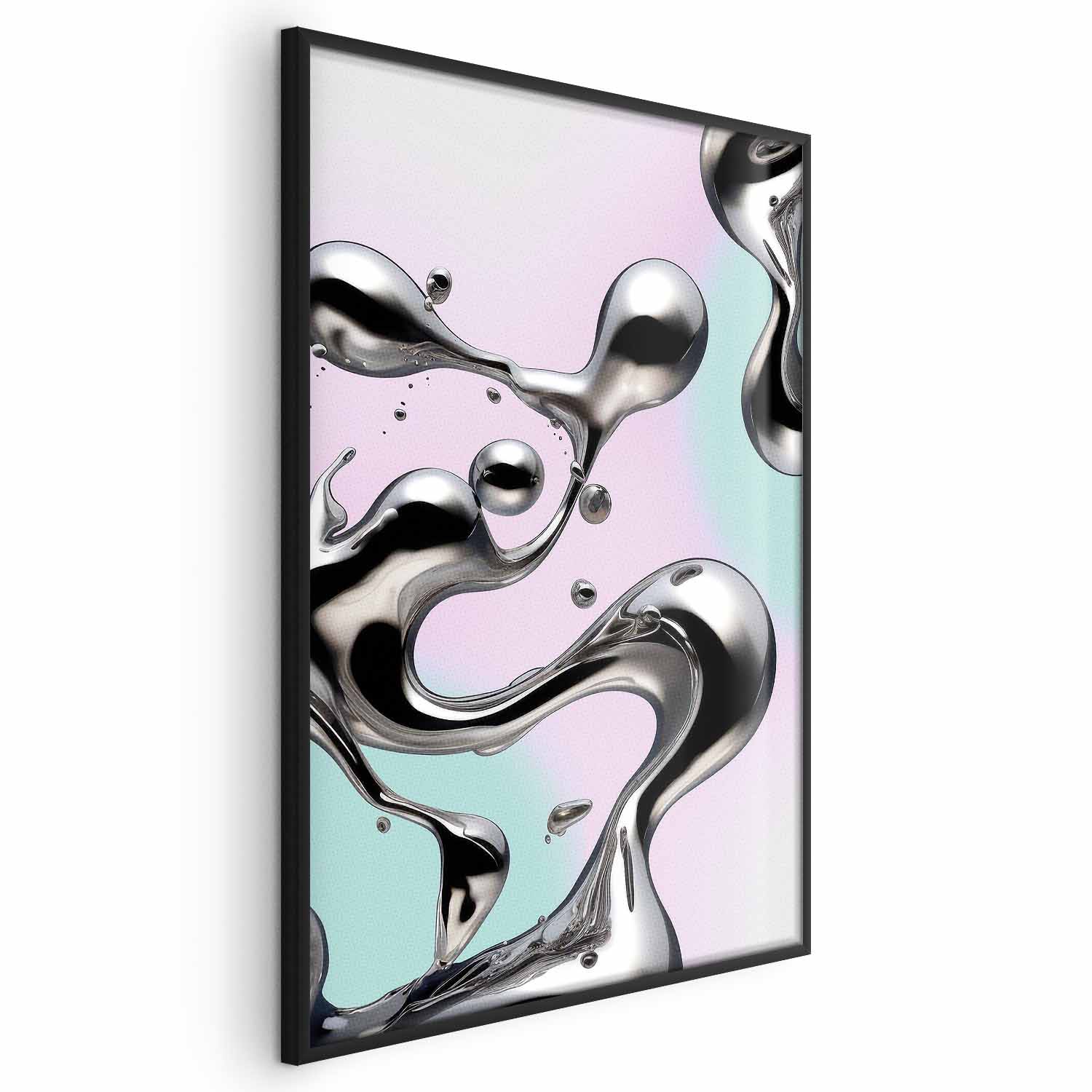 Poster - Metallic Fluidity - abstract silver forms on a mint-purple background