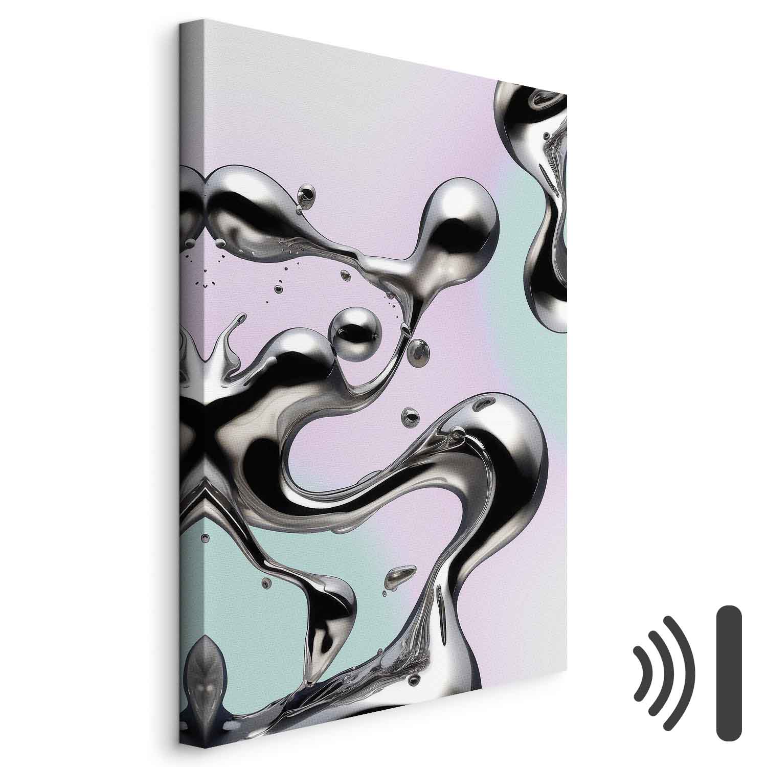 Leinwandbild - Metallic Fluidity - Abstract Silver Forms on a Mint-Purple Background