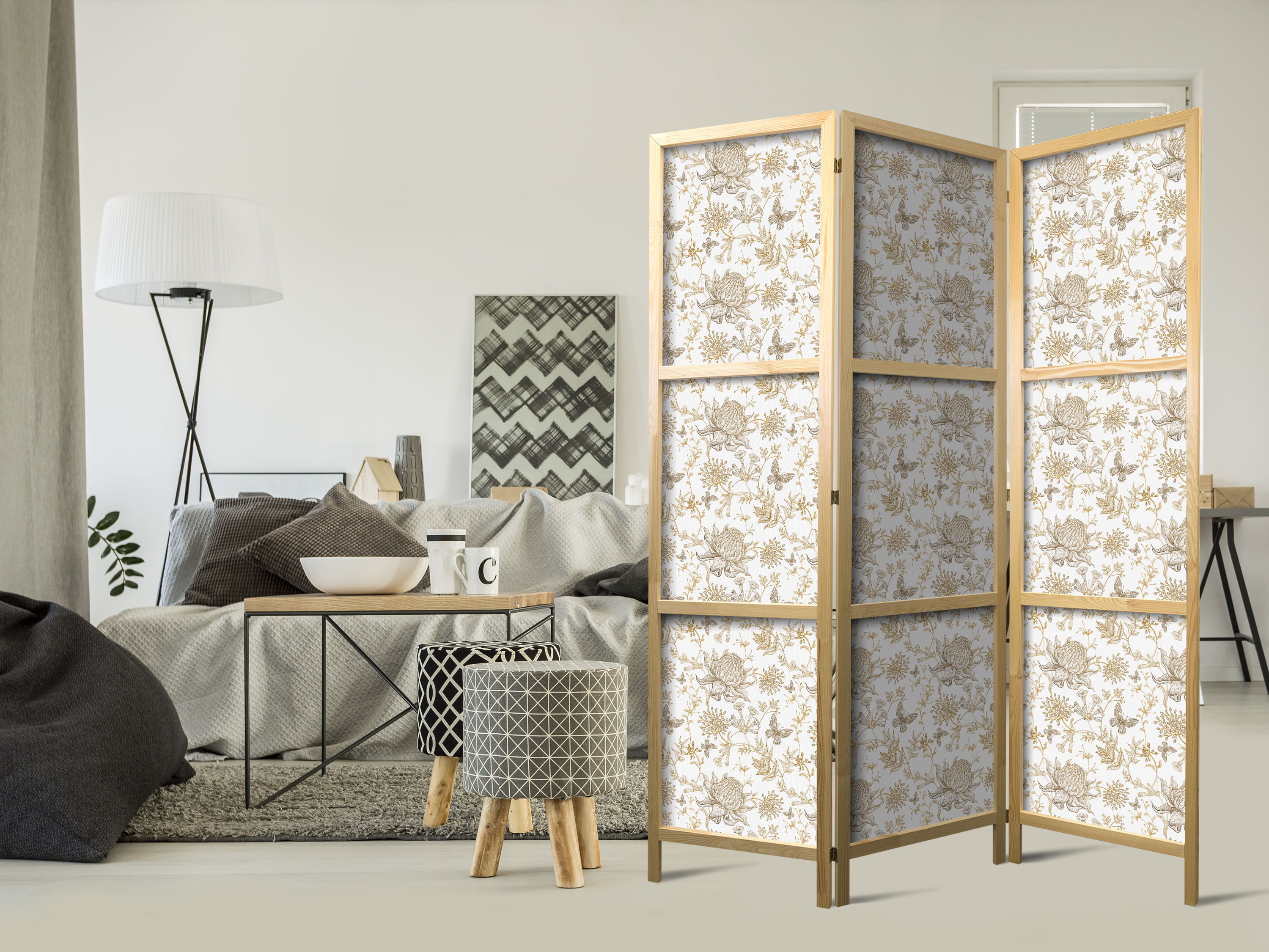 Japanischer Paravent - Beige Shades of Nature - Flowers and Butterflies on a White Background - Illustration