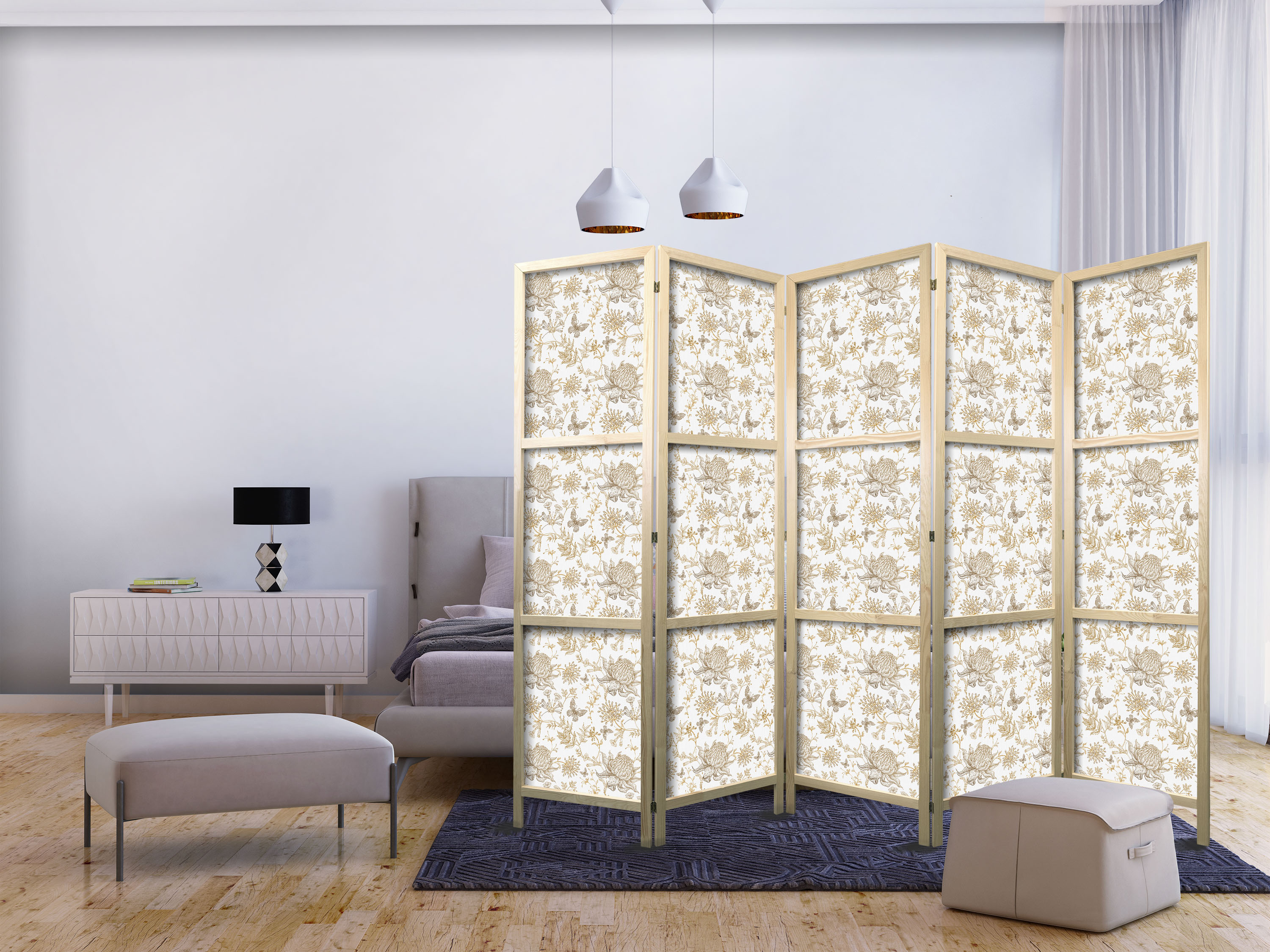 Japanischer Paravent - Beige Shades of Nature - Flowers and Butterflies on a White Background - Illustration