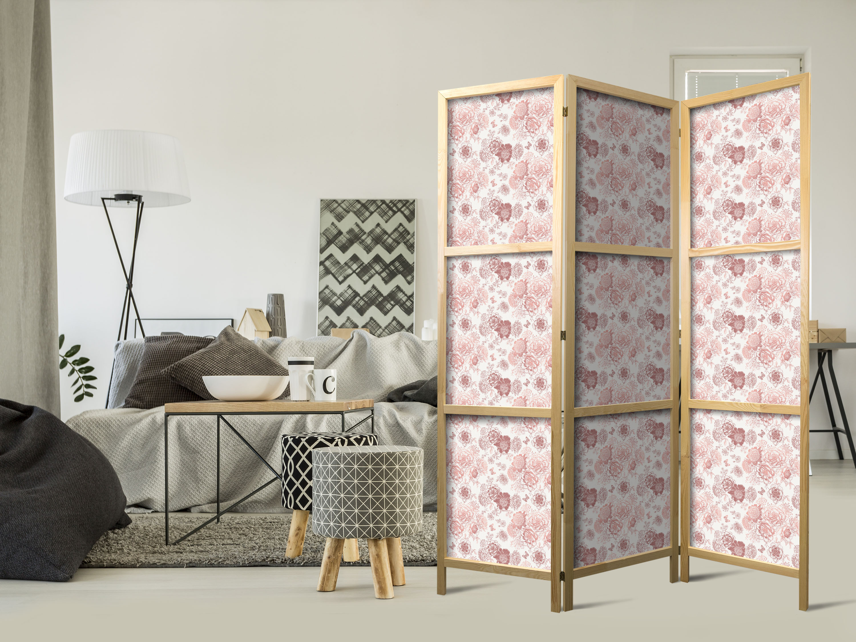 Japanischer Paravent - Pink Blossoming - Flowers in Warm Colors on a White Background