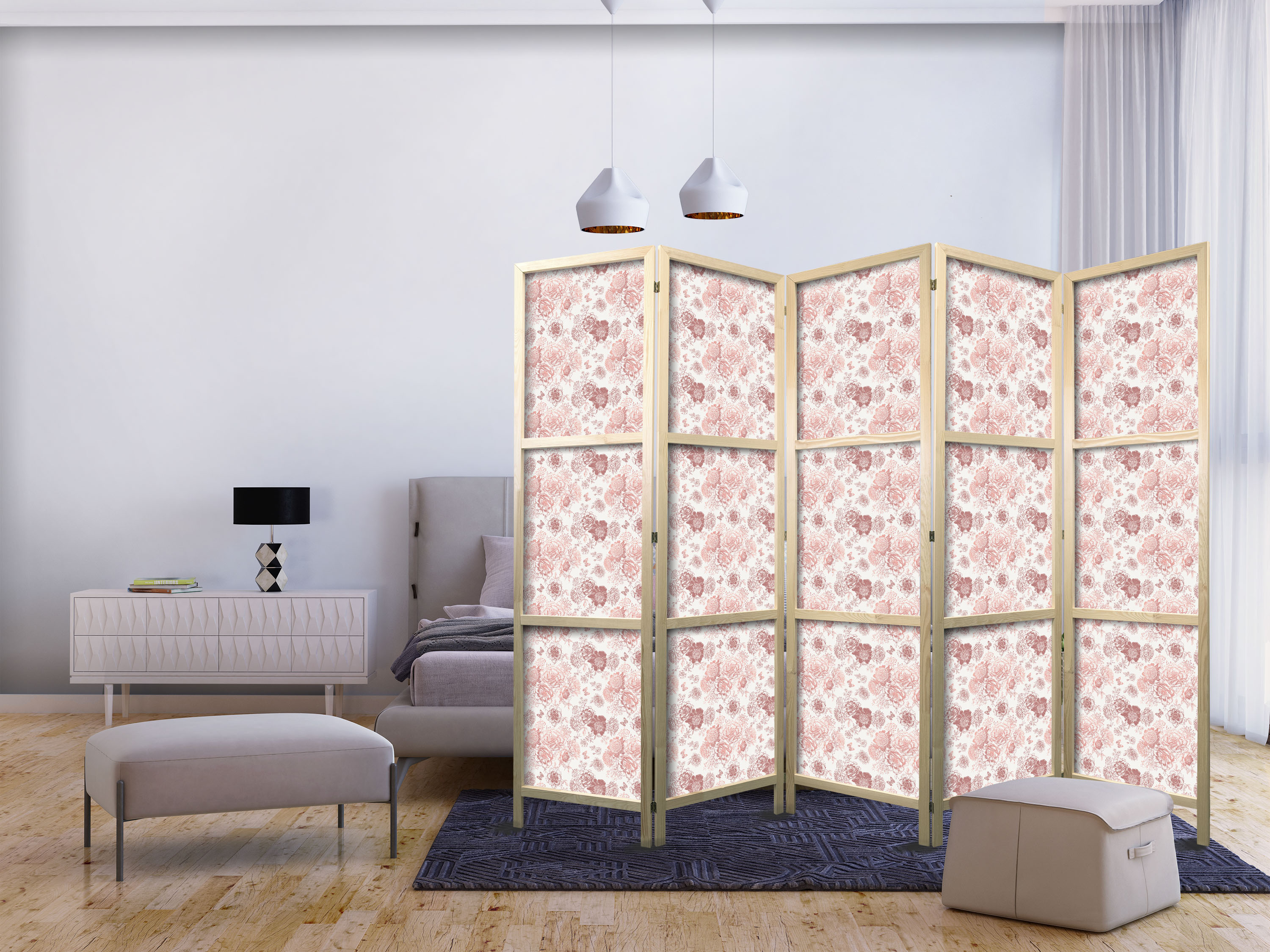 Japanischer Paravent - Pink Blossoming - Flowers in Warm Colors on a White Background