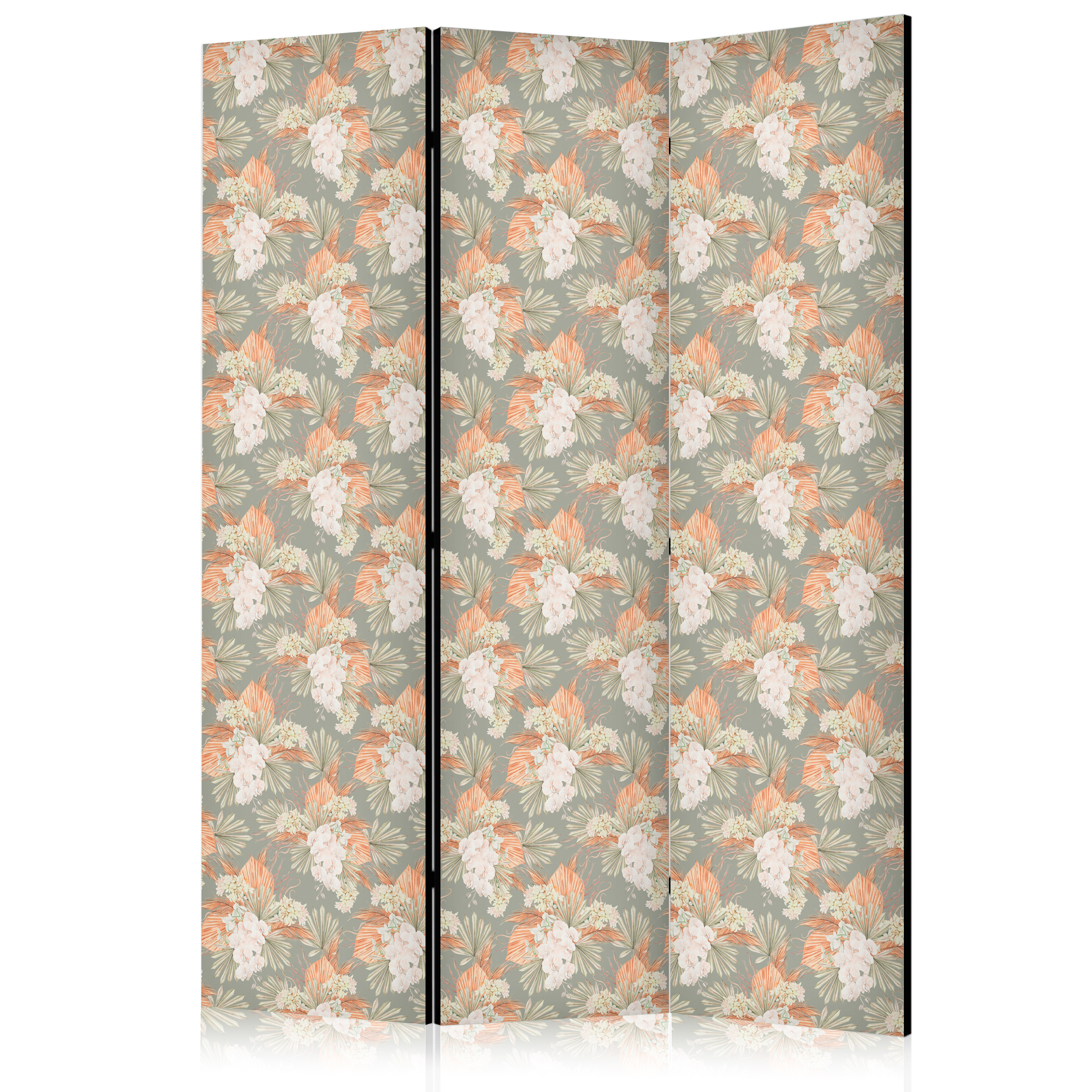 Paravent - Little Bouquets - Exotic Flowers and Leaves on a Gray-Green Background