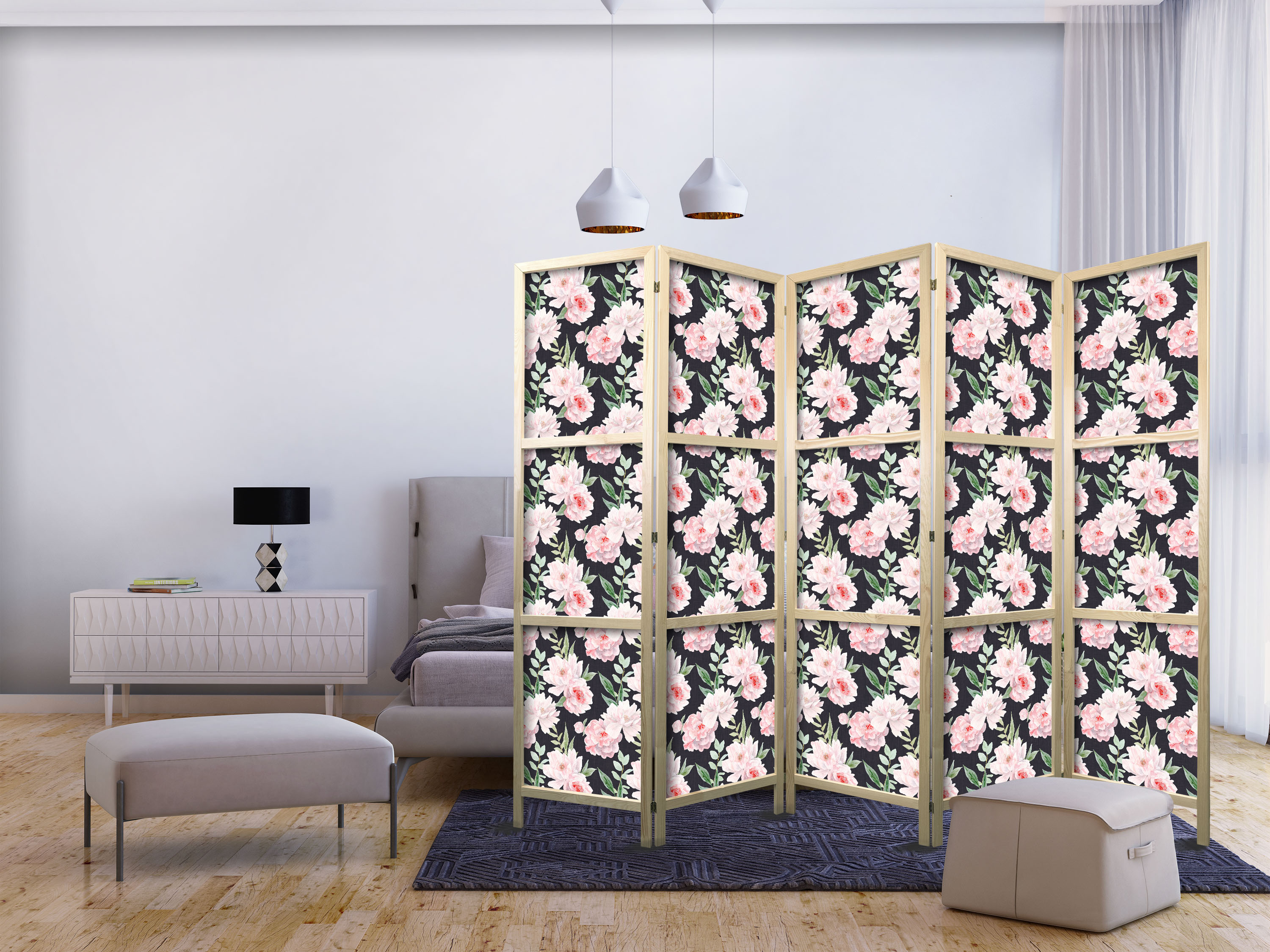 Japanischer Paravent - Peonies - Pink Flowers and Green Leaves on a Graphite Background
