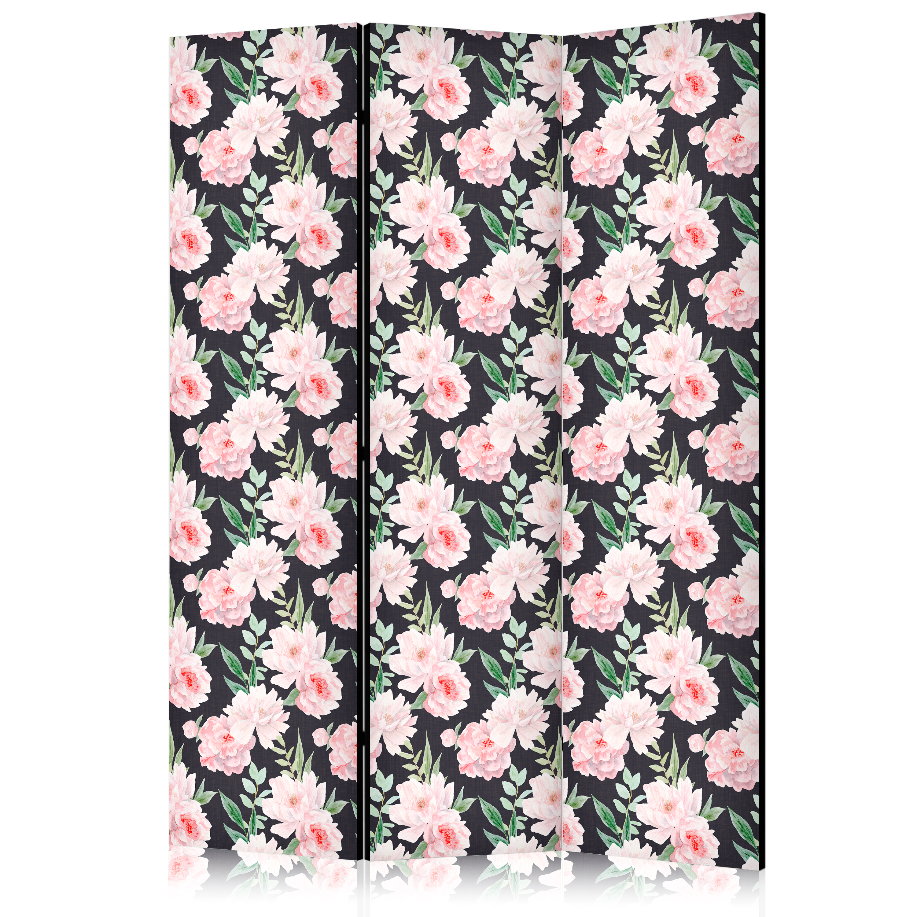 Paravent - Peonies - Pink Flowers and Green Leaves on a Graphite Background
