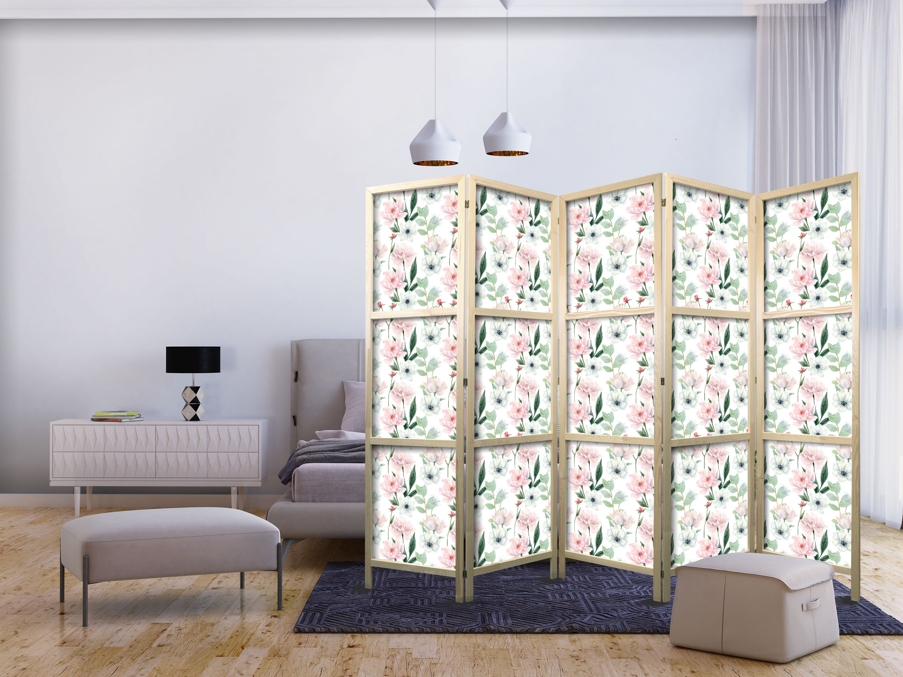 Japanischer Paravent - Peonies - Pink and White Flowers and Green Leaves on a White Background