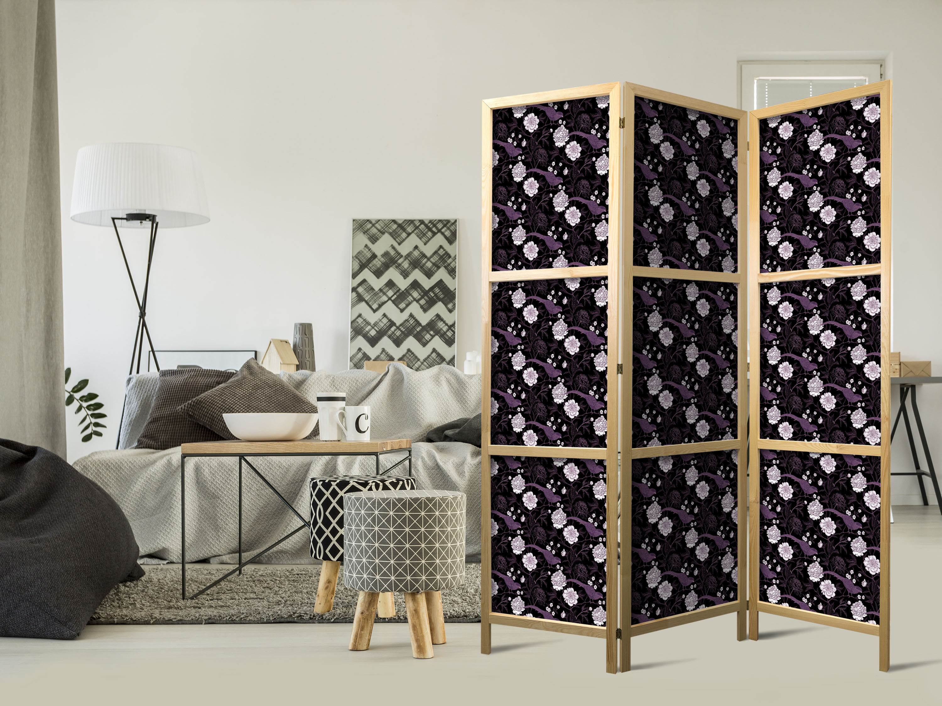 Japanischer Paravent - Birds Among Flowers - Pheasants Surrounding Peonies - Purple
