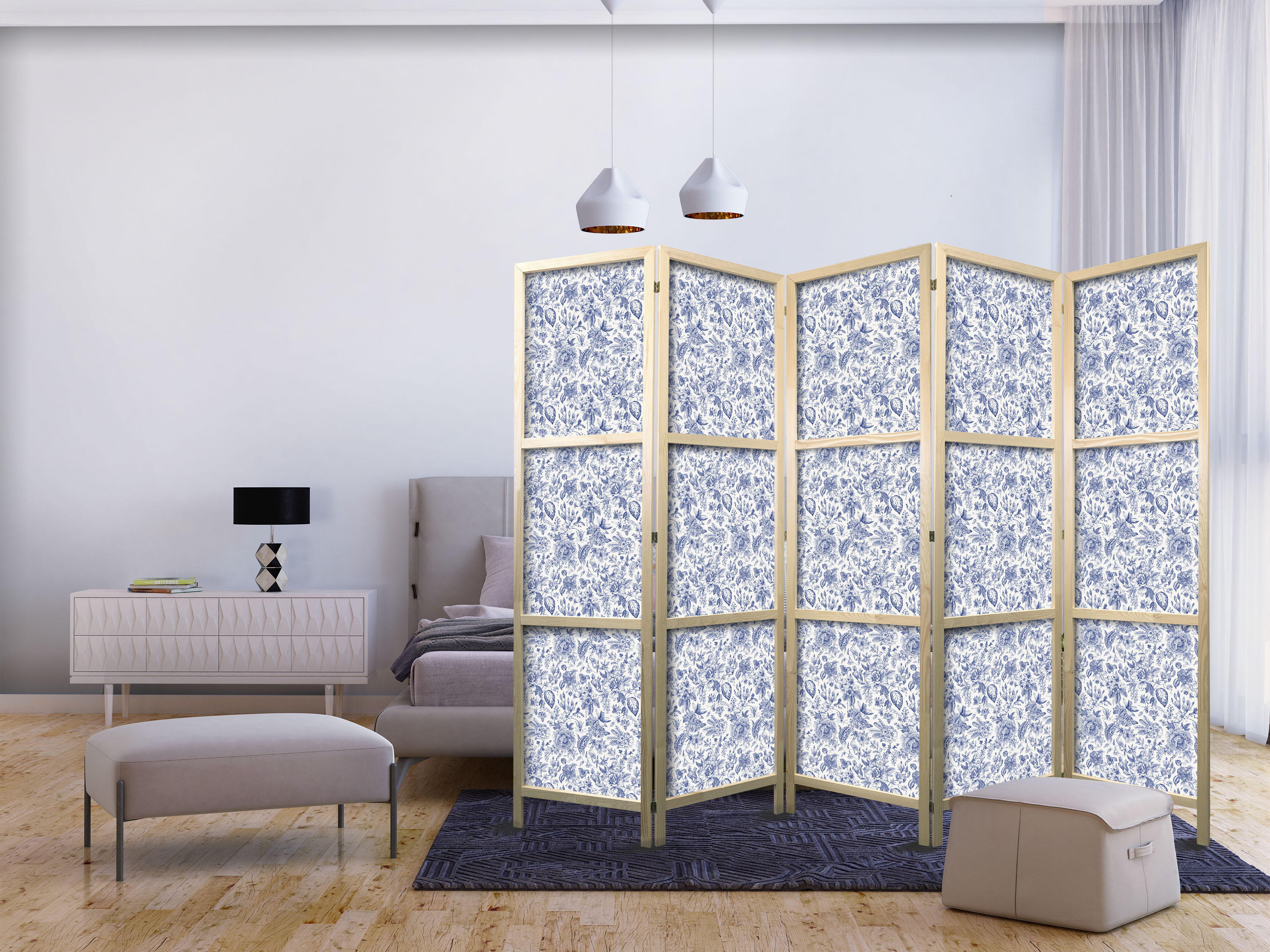 Japanischer Paravent - Illustration in Vintage Style - Blue Flowers on a White Background