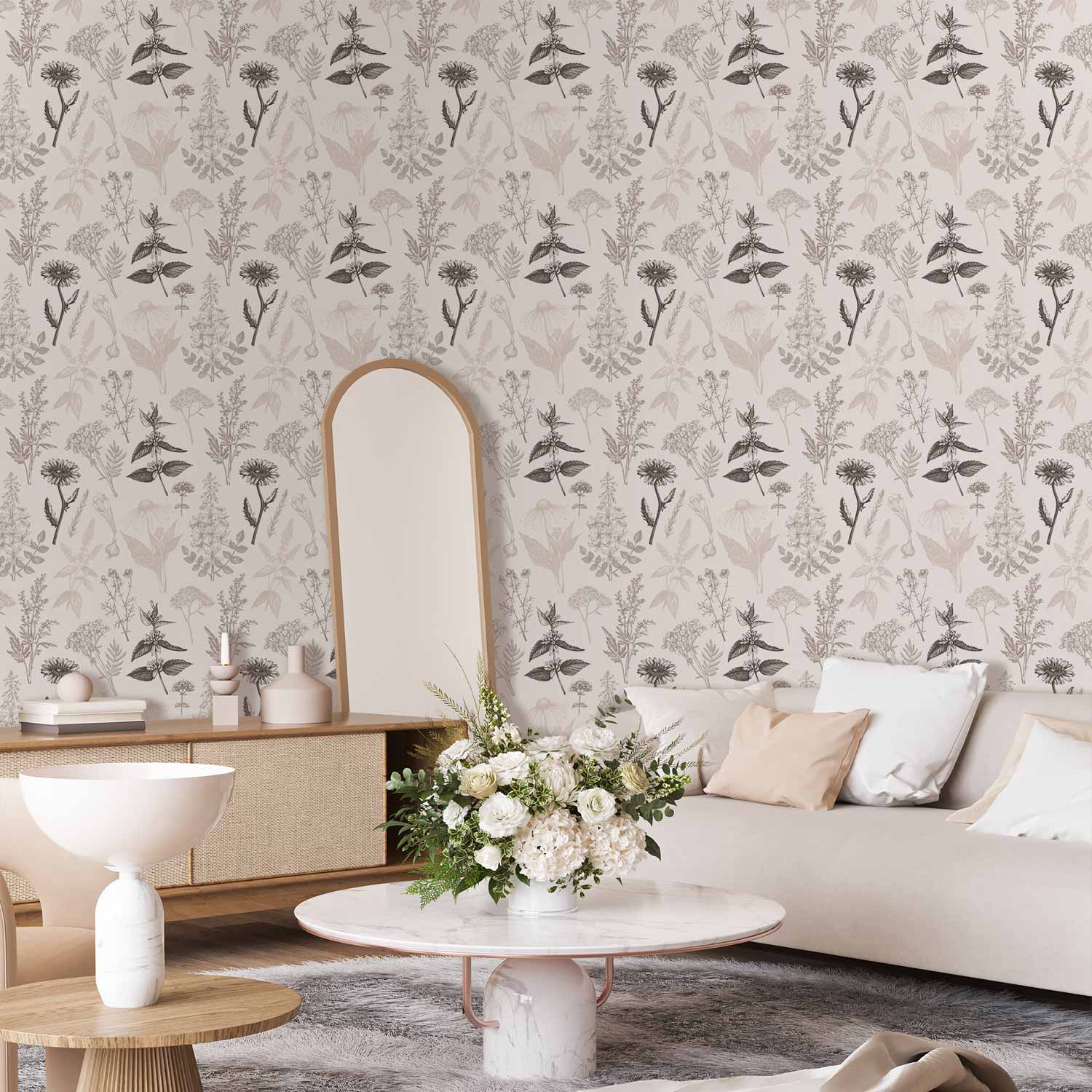 Tapete - Flowers and herbs in warm greys