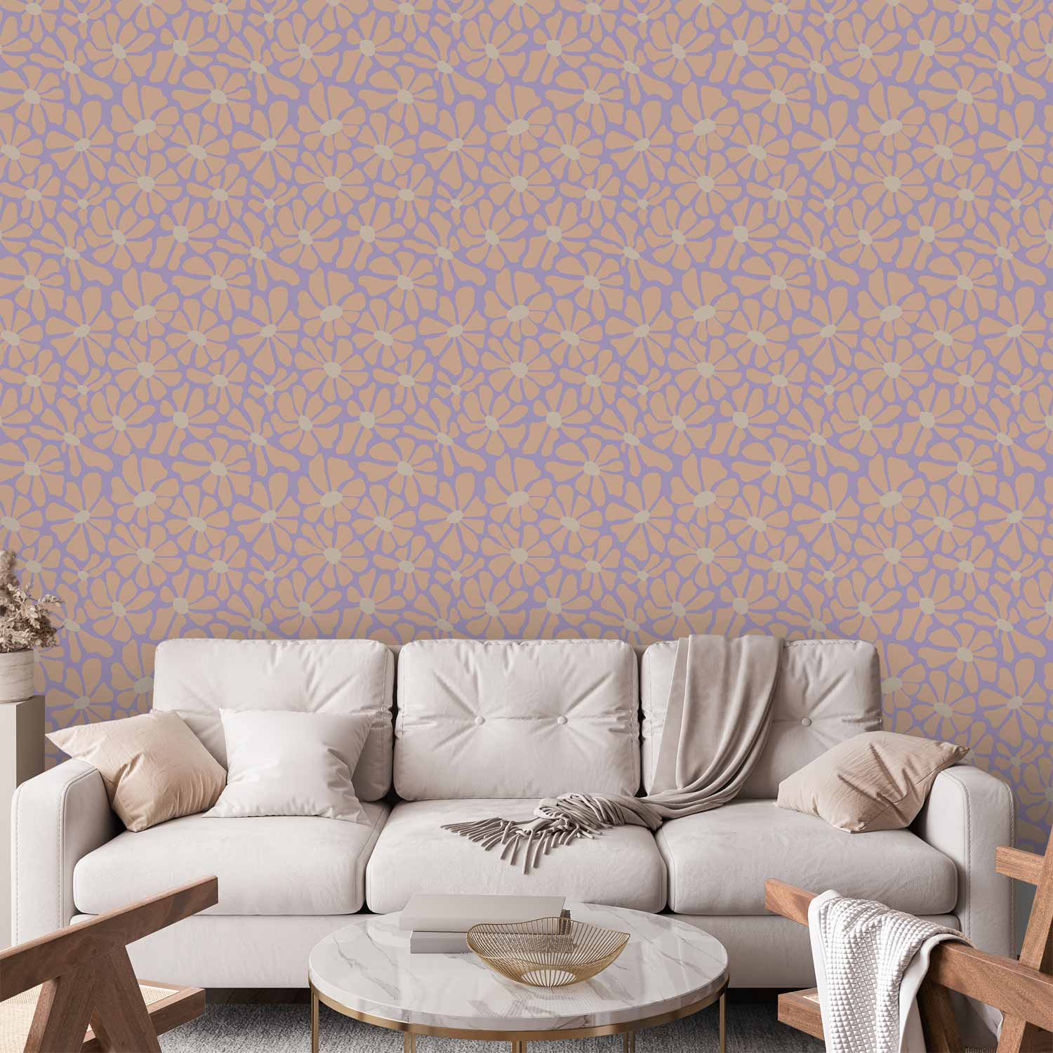 Tapete - Cute Light-Beige Little Flowers - Small flowers with beige - undulating petals on a blue background.