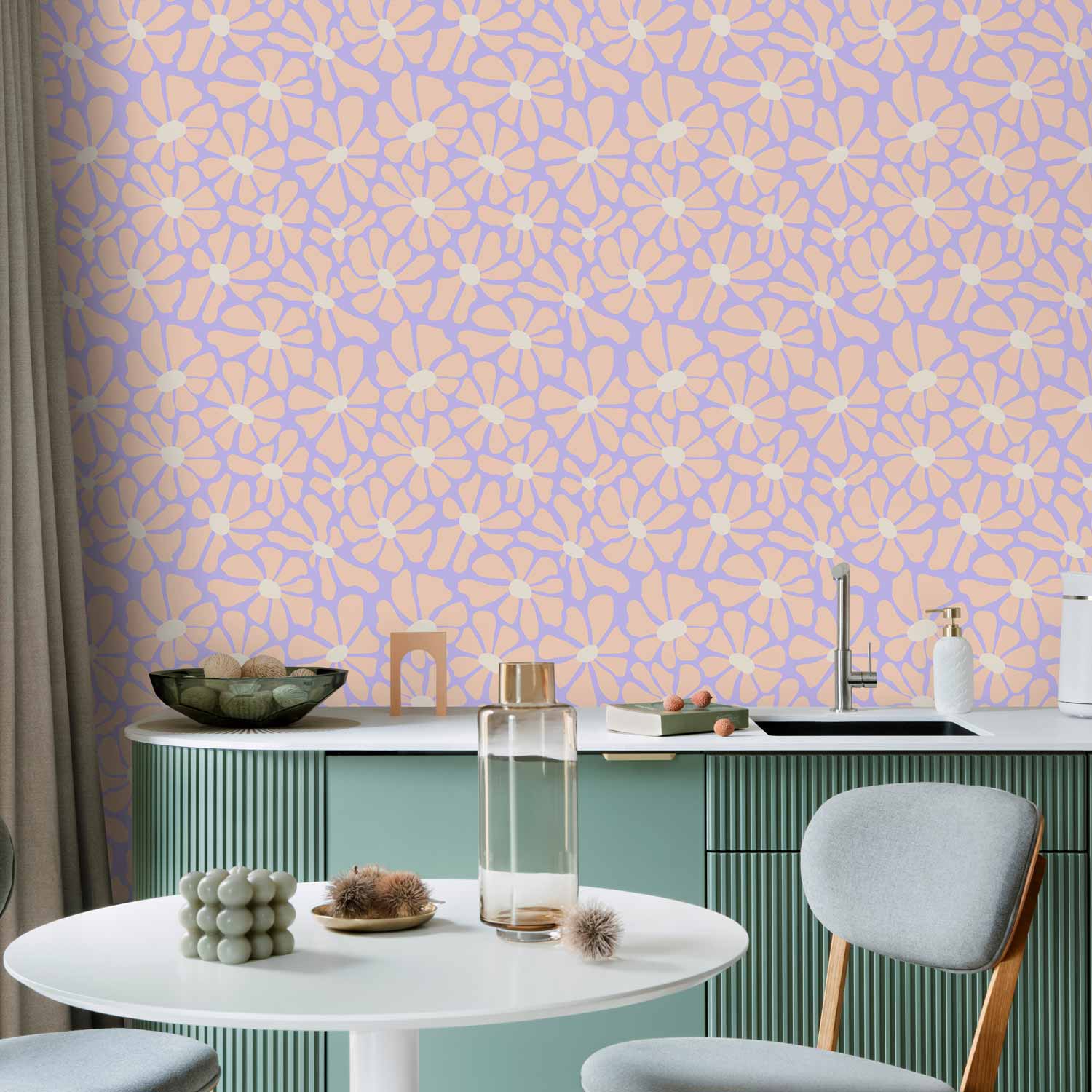 Tapete - Cute Light-Beige Little Flowers - Small flowers with beige - undulating petals on a blue background.