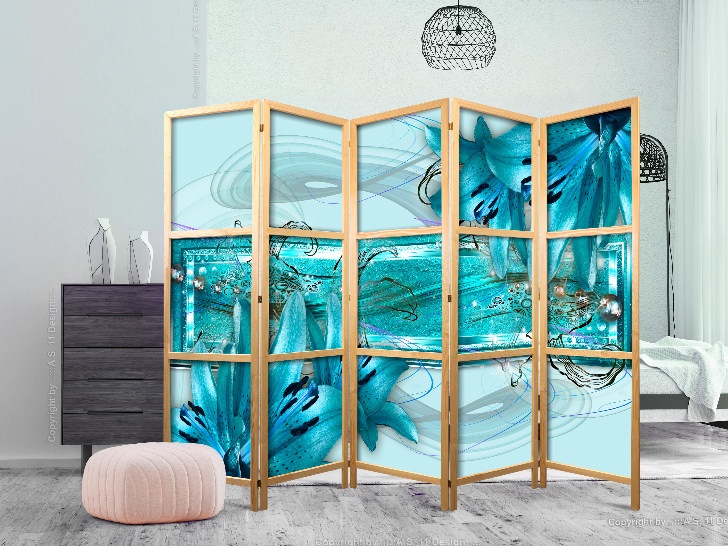 Japanischer Paravent - Lilies in Pale Blue II