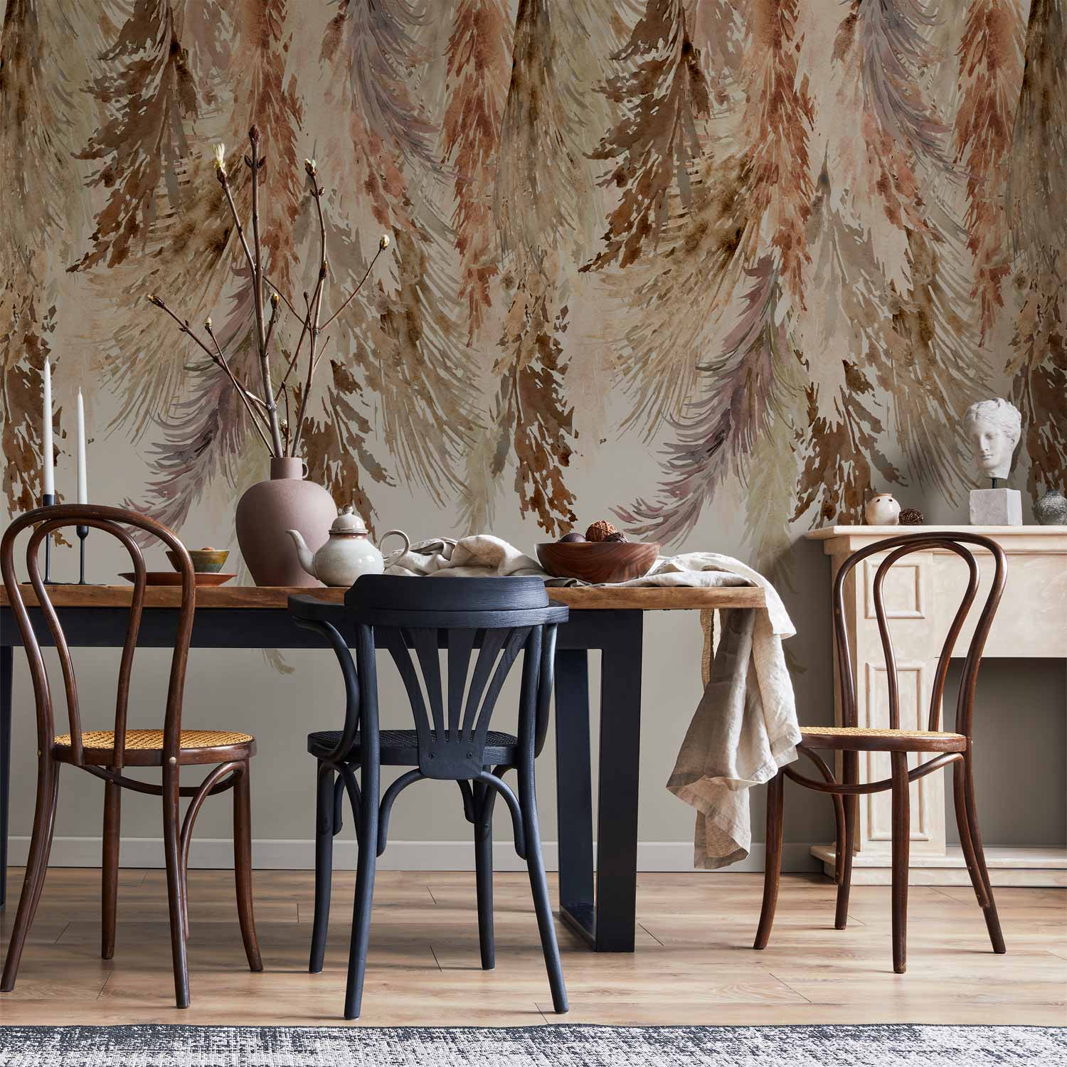 Fototapete - Minimalist boho landscape - dangling leaves in beige colours