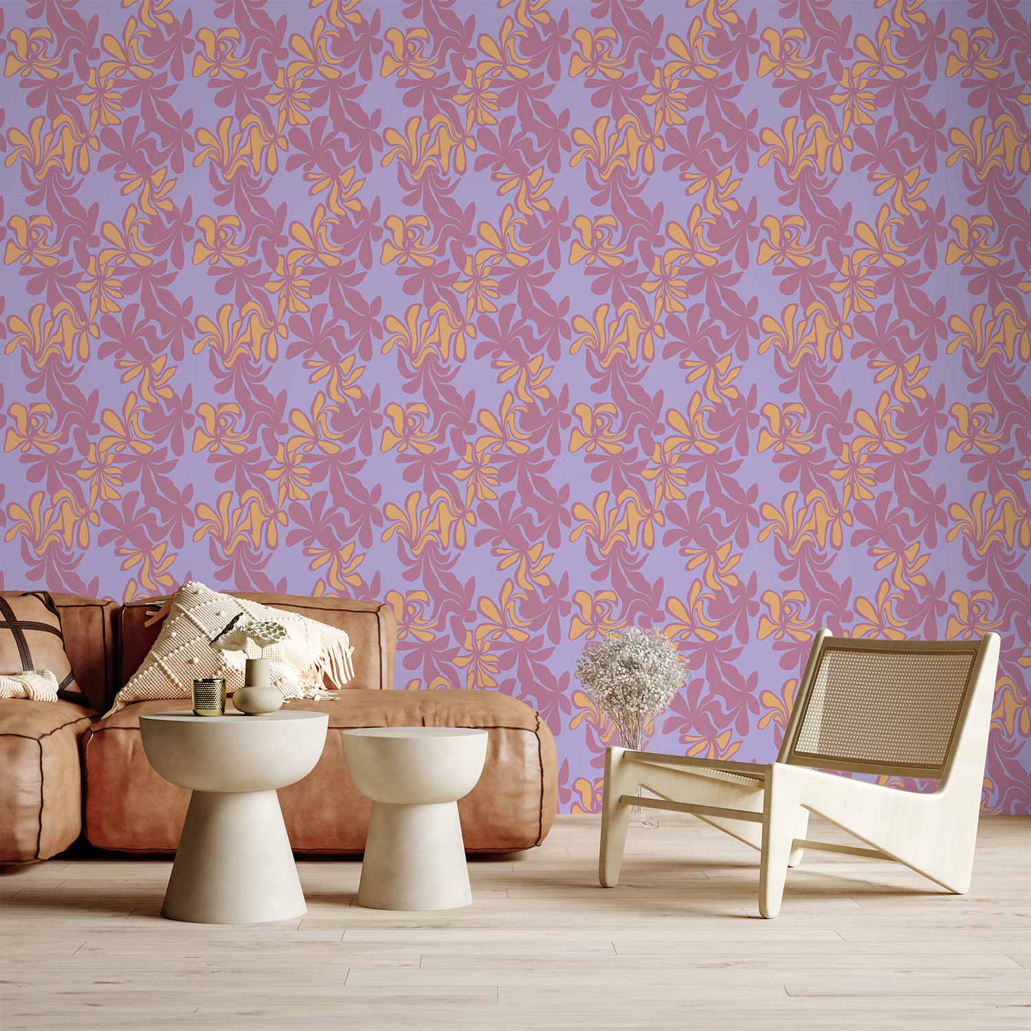 Tapete - Exotic - Two-Tone Flowers - Flowers in purple and orange on a blue background.