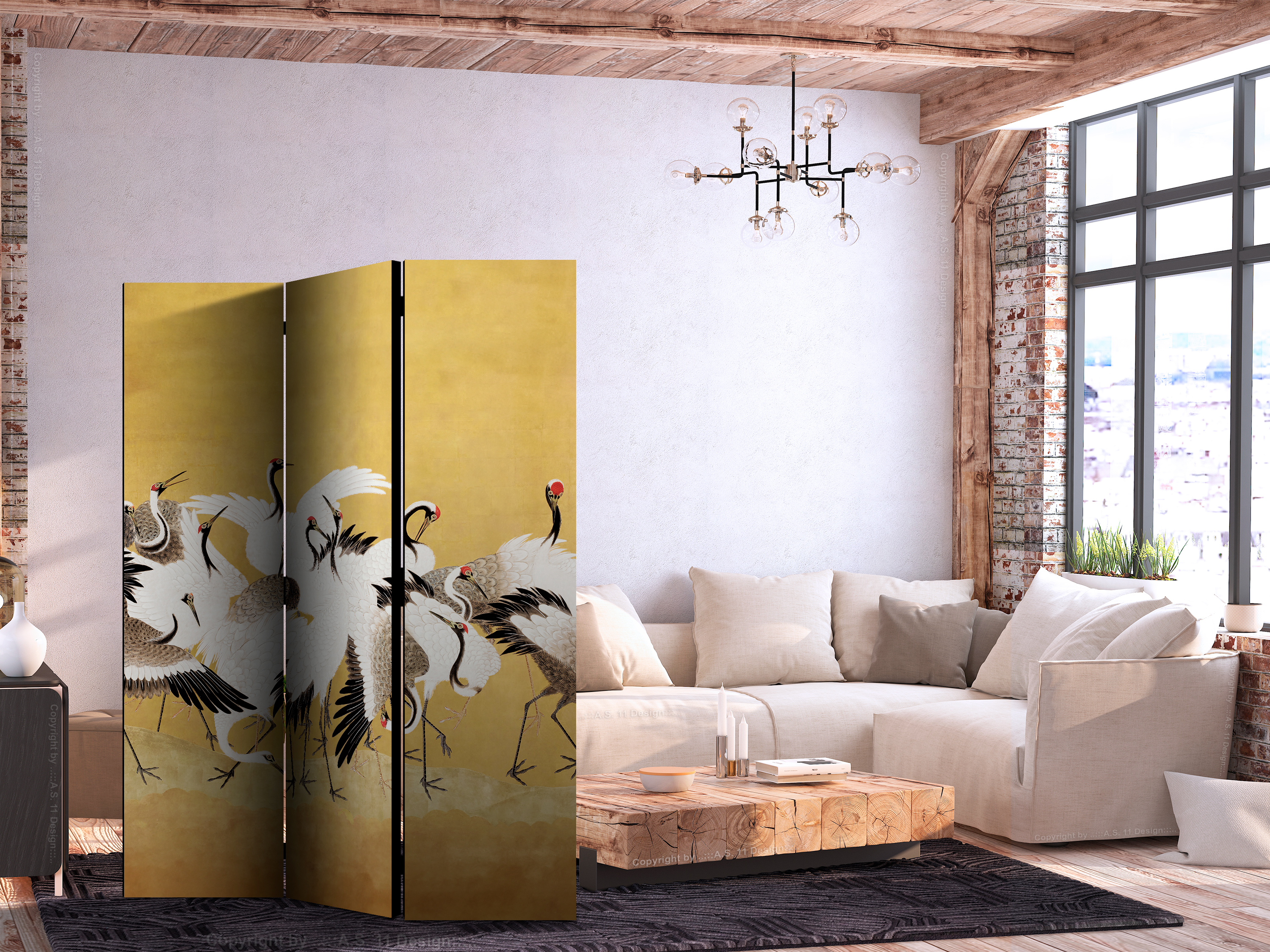 Paravent - Japanese cranes - a flock of birds against a golden background based on a painting by Ishida Yūtei