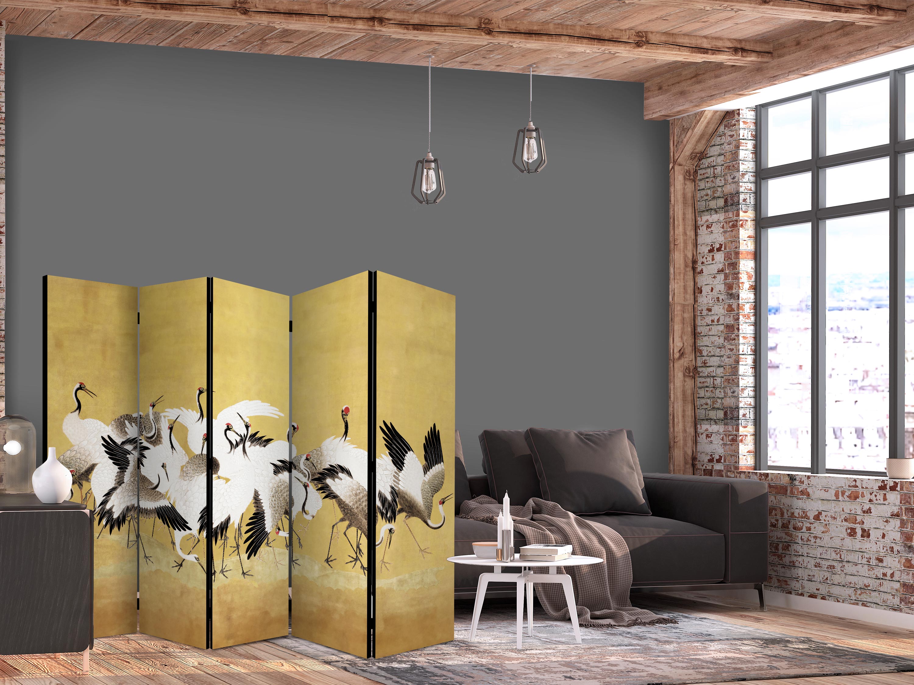 Paravent - Japanese cranes - a flock of birds against a golden background based on a painting by Ishida Yūtei