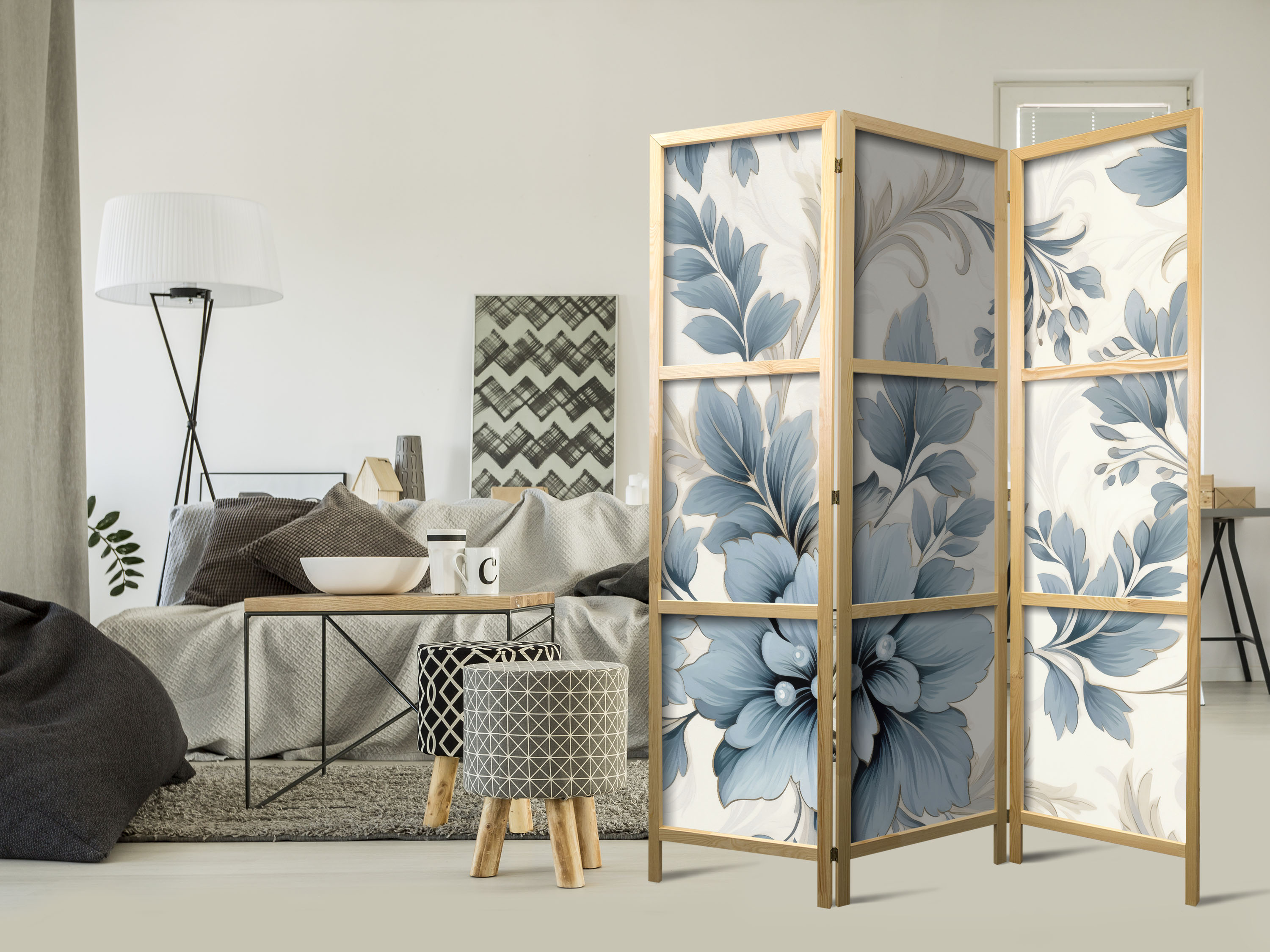 Japanischer Paravent - Turquoise Flowers in Retro Ambiance - Floral Ornaments