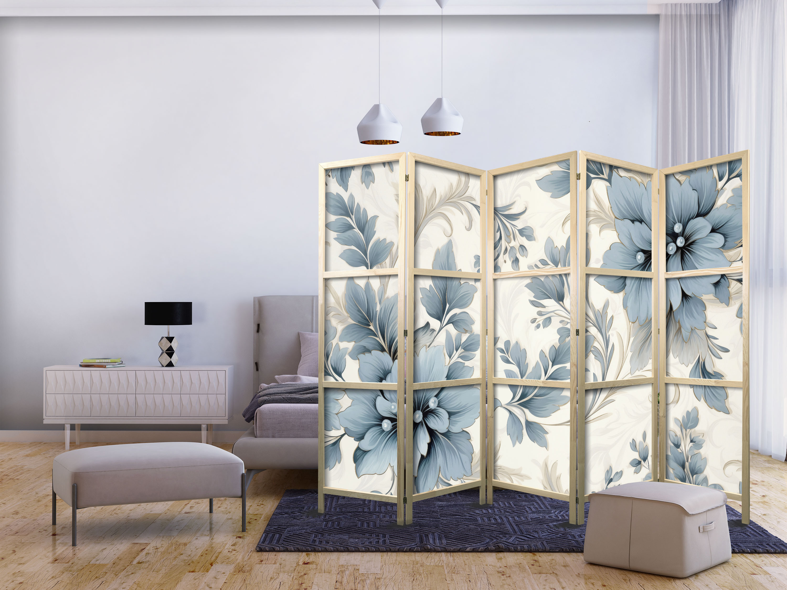 Japanischer Paravent - Turquoise Flowers in Retro Ambiance - Floral Ornaments