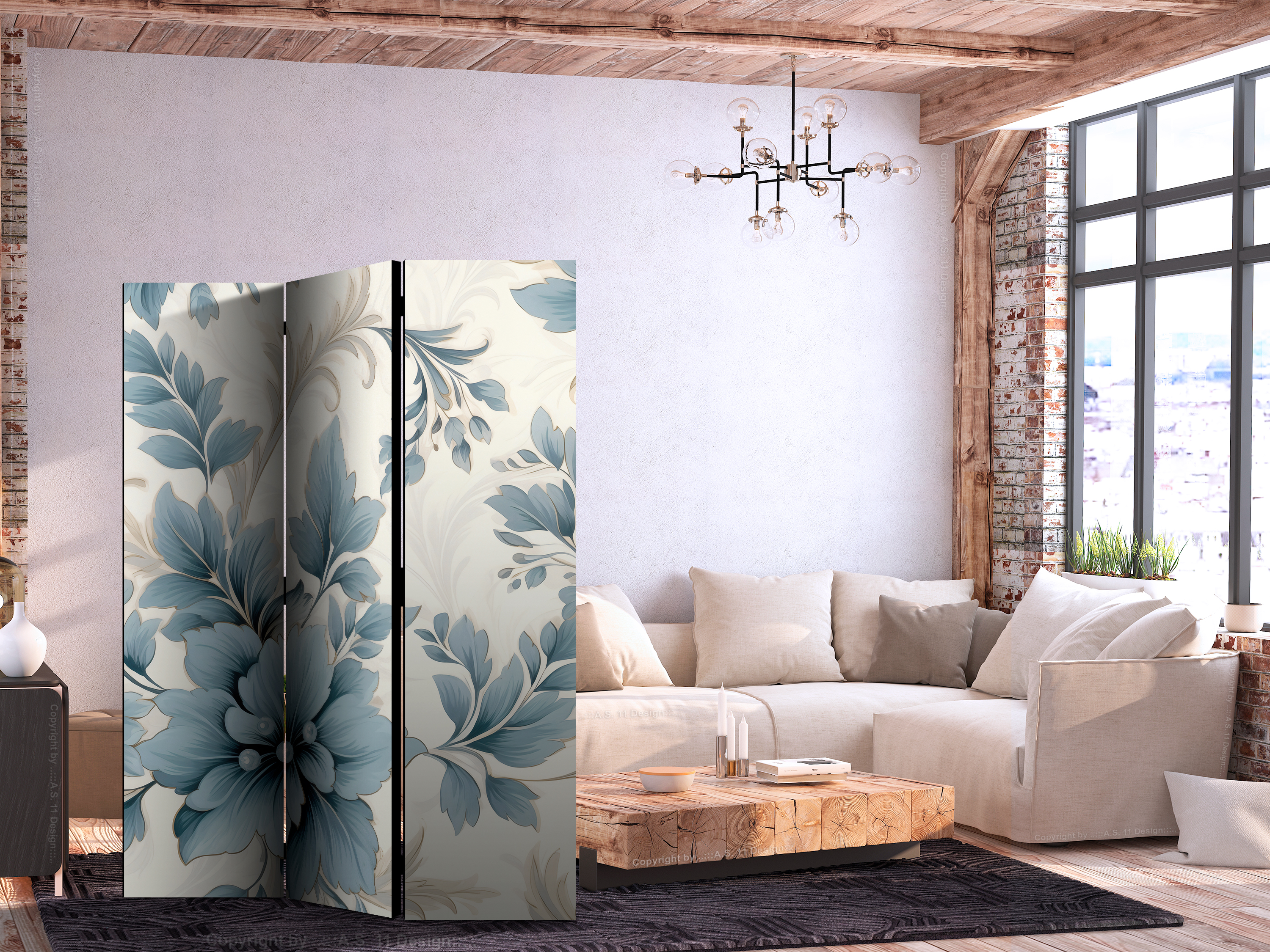 Paravent - Turquoise Flowers in Retro Vibe; Floral Ornaments