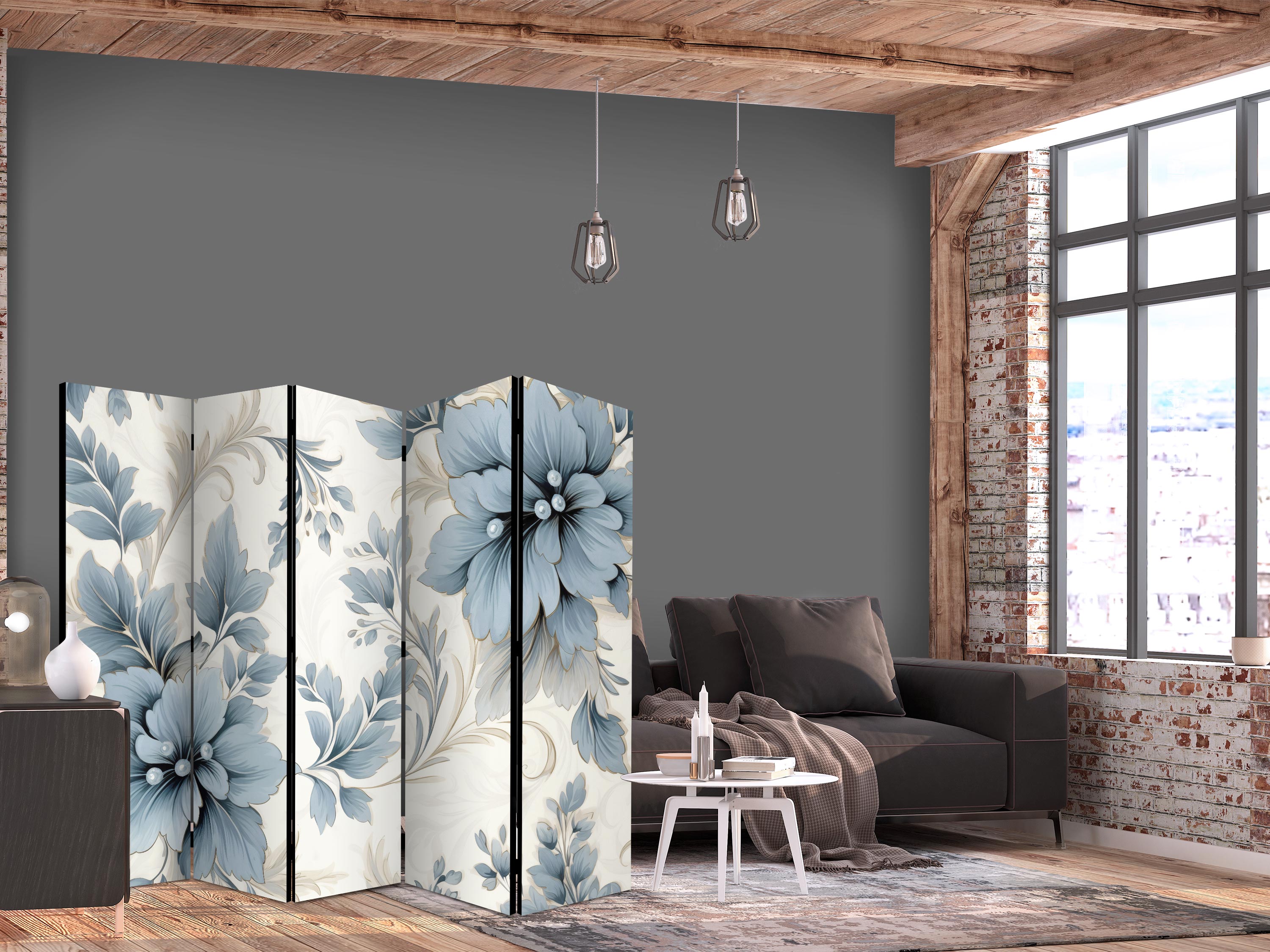 Paravent - Turquoise Flowers in Retro Vibe; Floral Ornaments