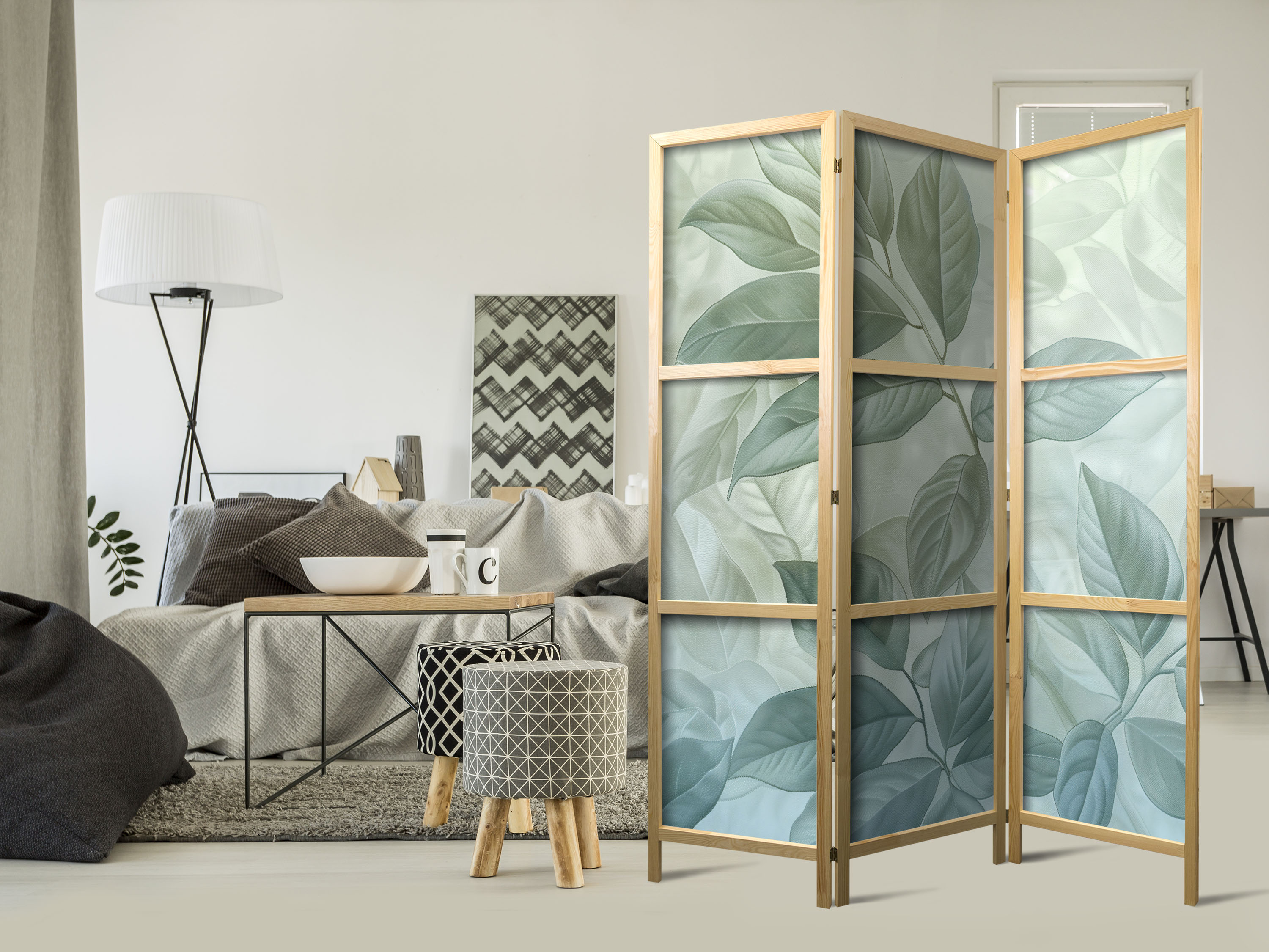 Japanischer Paravent - Large Leaves in Green-Mint Shades - Botanical Motif