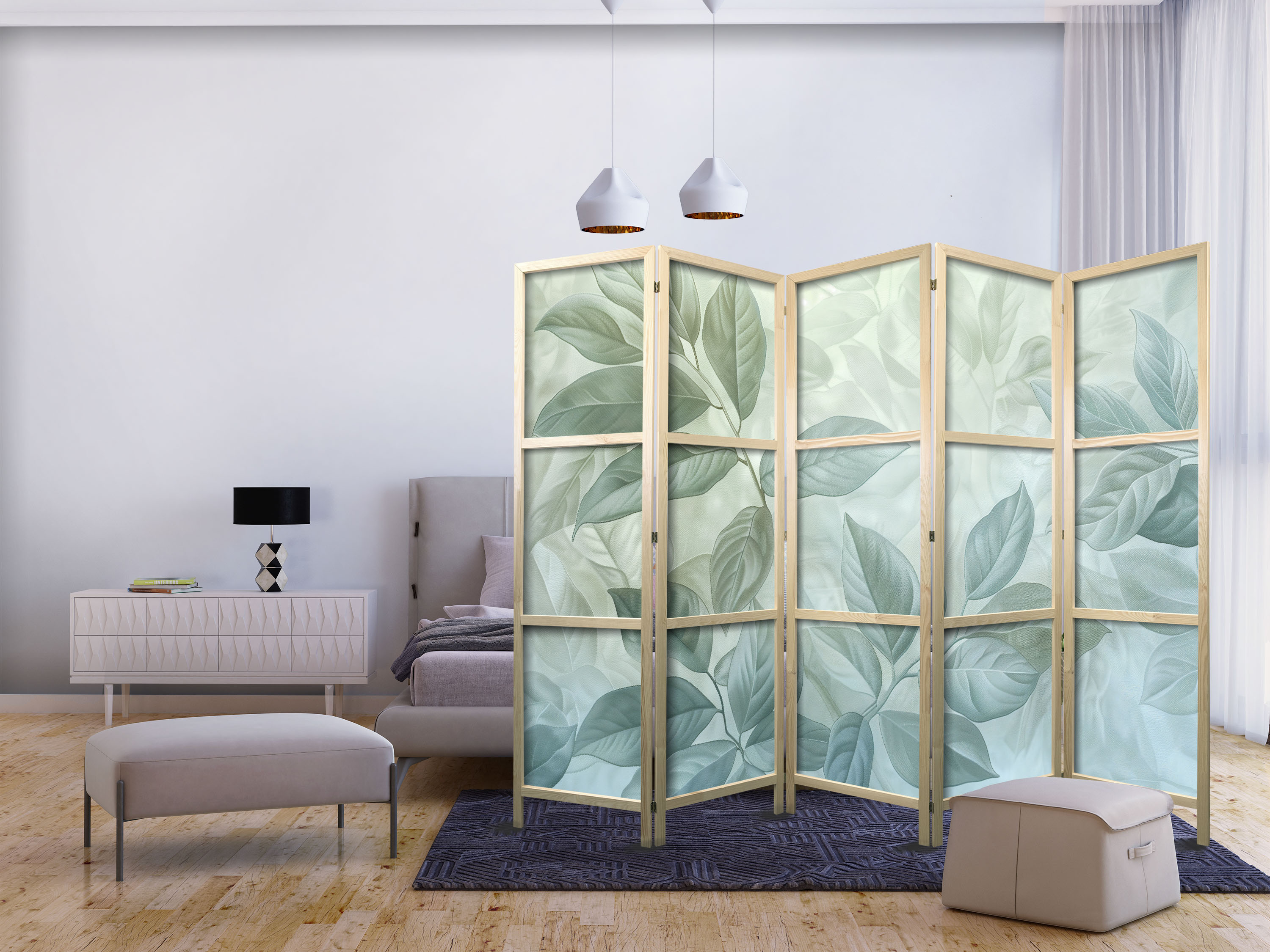 Japanischer Paravent - Large Leaves in Green-Mint Shades - Botanical Motif