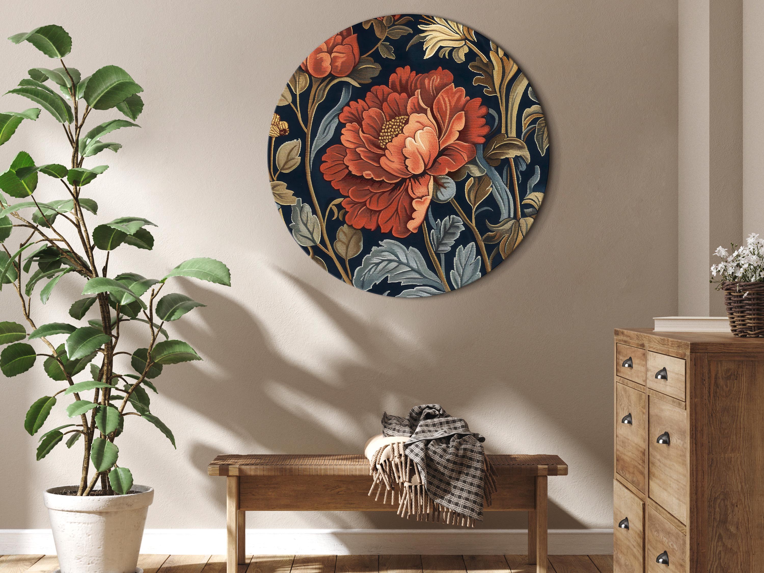 Rundes Bild - Tapestry Large Flowers Retro Floral Motif in Kilim Style