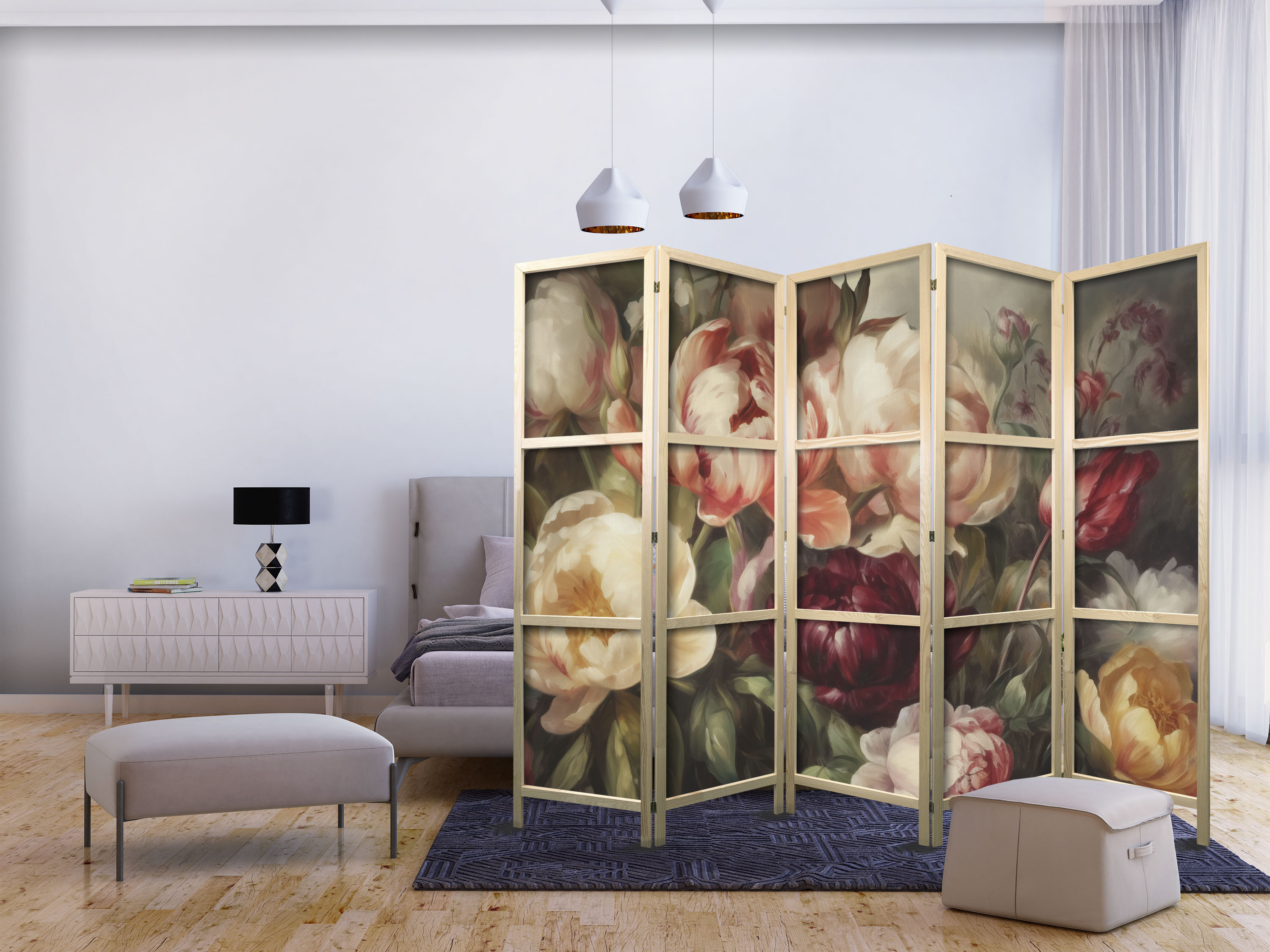 Japanischer Paravent - Blooming Peonies - Charismatic Flowers Bathed in Sunlight
