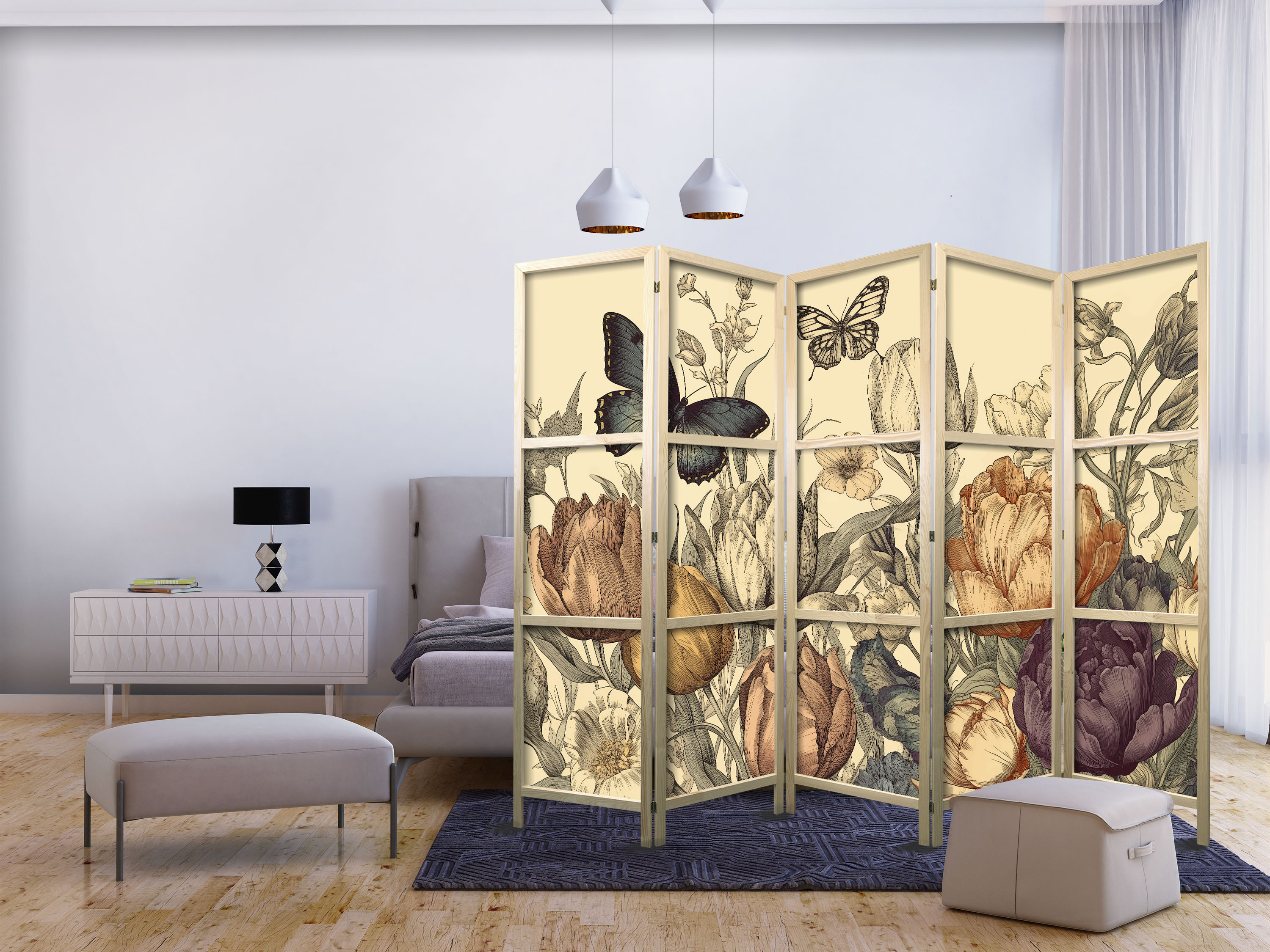 Japanischer Paravent - Tulips in Cream - Illustration of Flowers and Butterflies on a Light Background