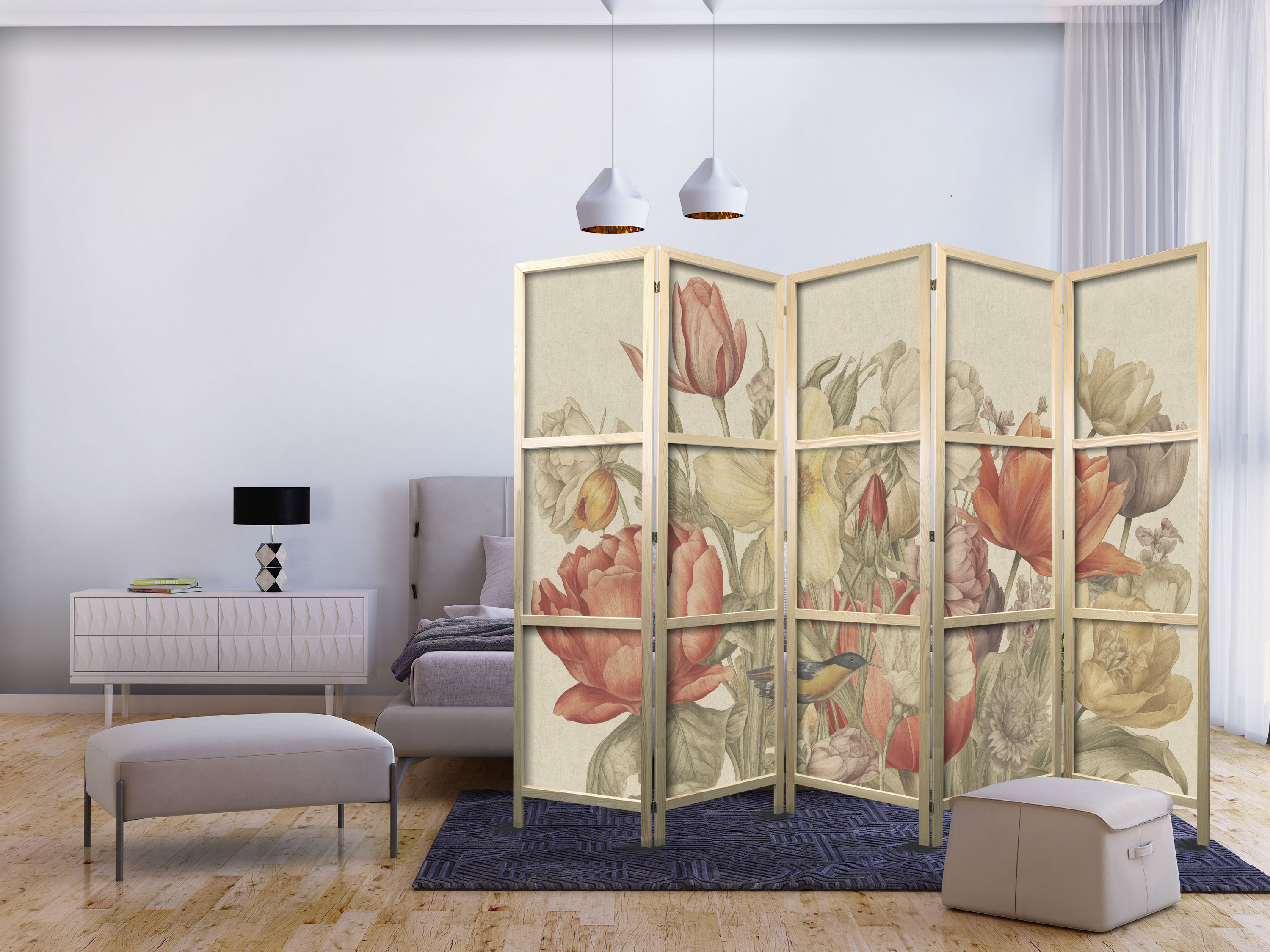 Japanischer Paravent - Bouquet with Tulips - Colorful Flowers on a Light Background - Illustration