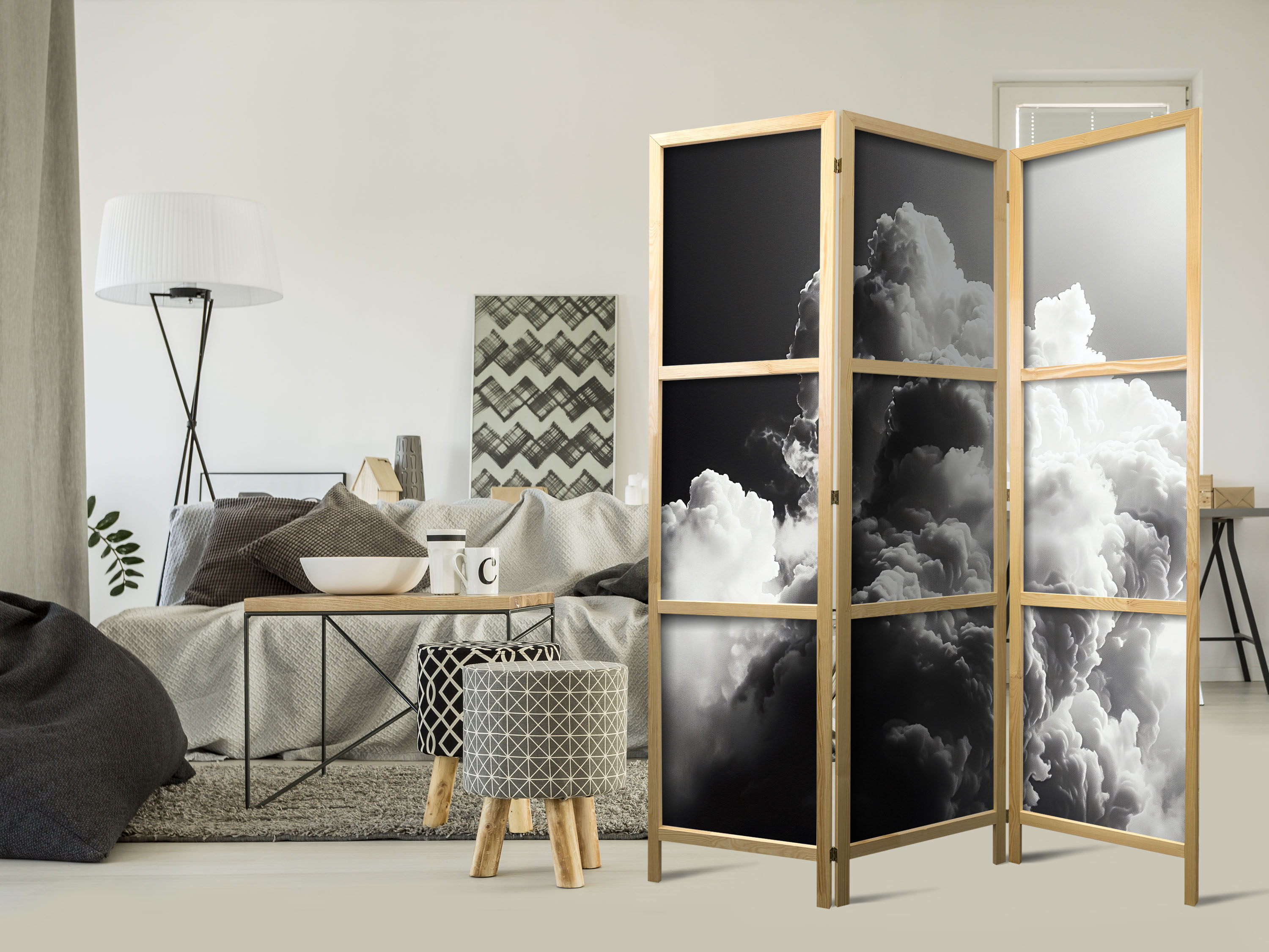 Japanischer Paravent - Clouds Like from Dreams: Let the Sun Illuminate Your Day – A Visual Feast.