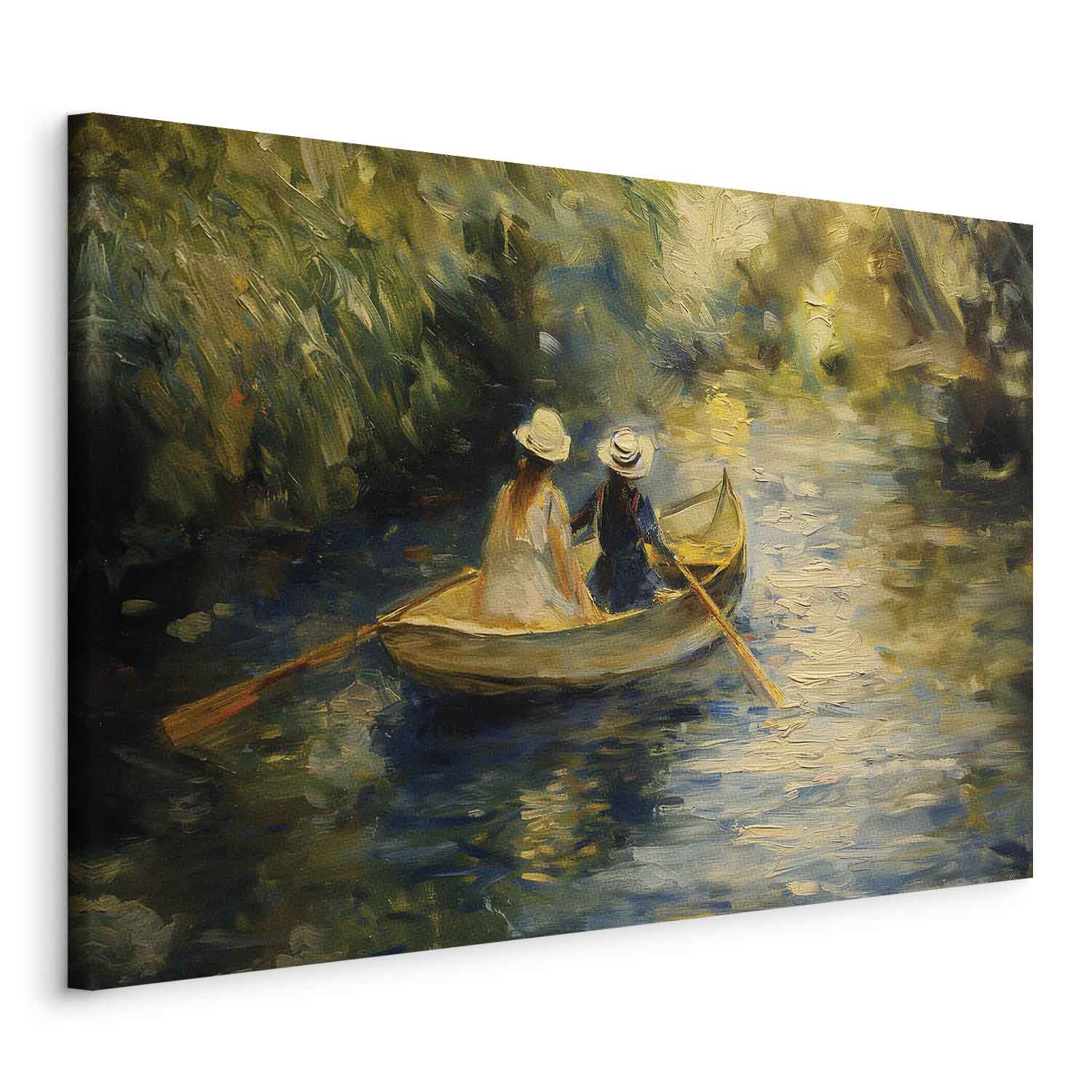 Wandbild XXL - Boat crossing - painting of two women sailing a boat on a river