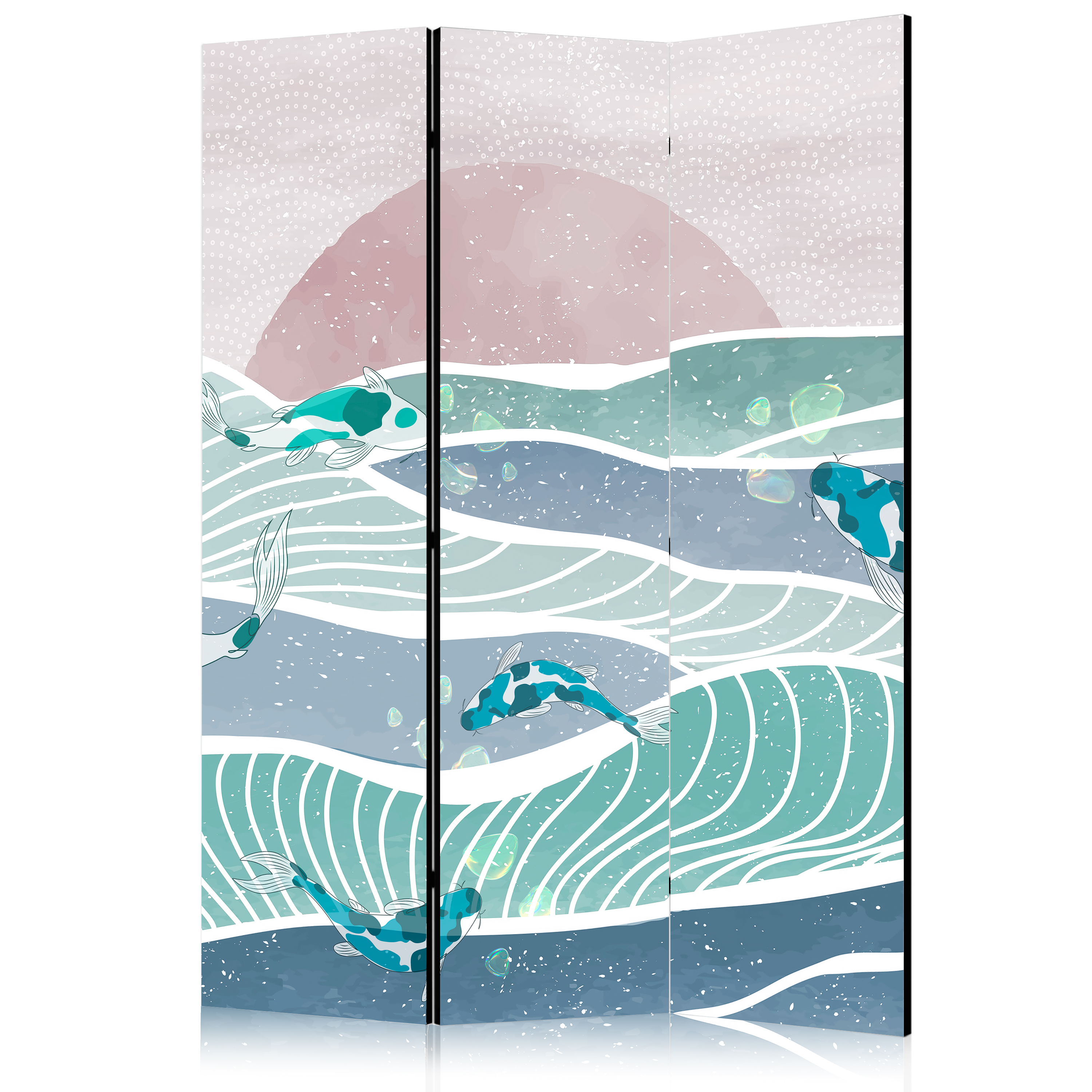 Paravent - Picturesque Landscape With Fish - Sunset And Koi Fish in Shades of Turquoise And Blue. Floating Above The Water