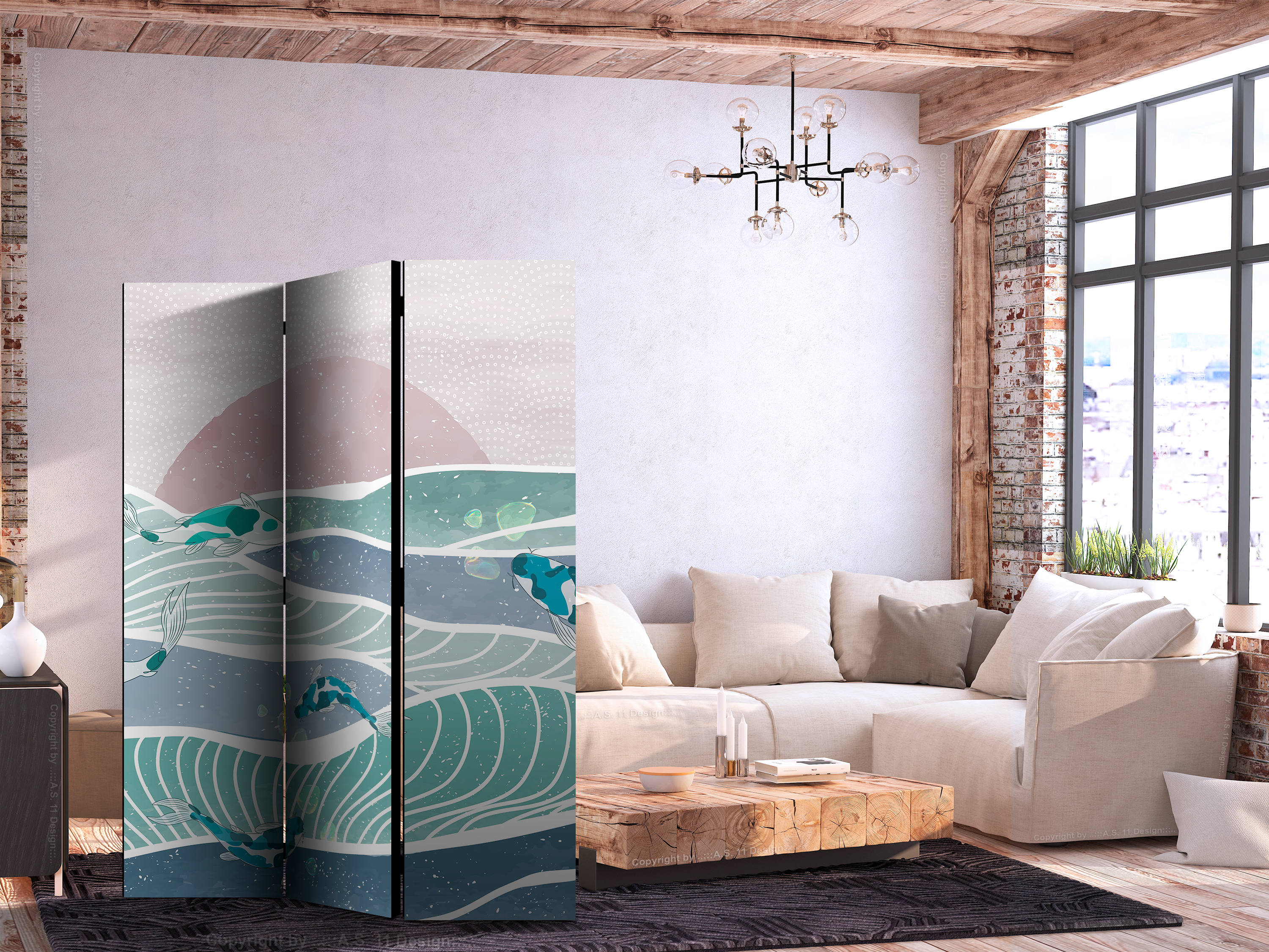 Paravent - Picturesque Landscape With Fish - Sunset And Koi Fish in Shades of Turquoise And Blue. Floating Above The Water