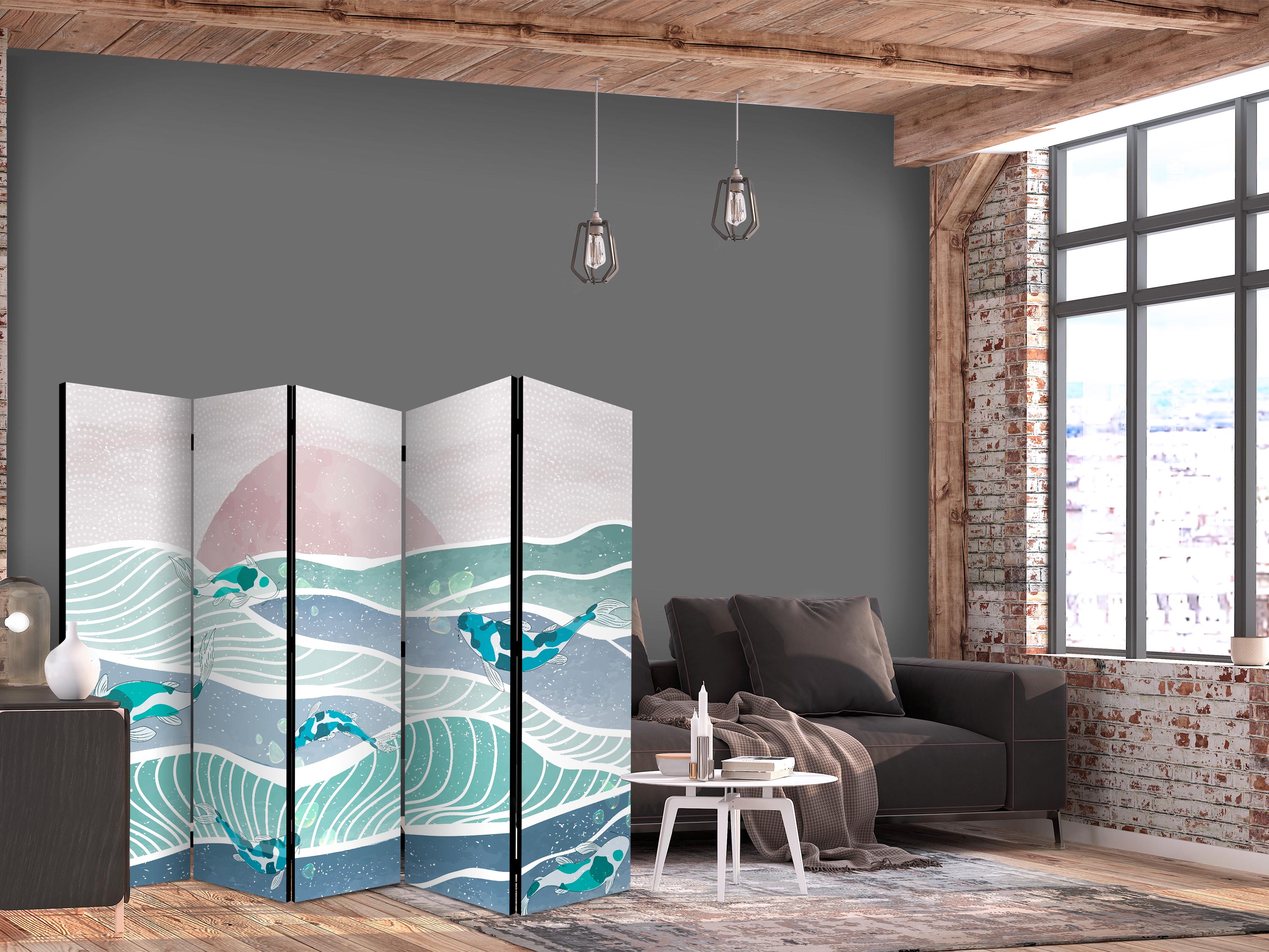 Paravent - Picturesque Landscape With Fish - Sunset And Koi Fish in Shades of Turquoise And Blue. Floating Above The Water