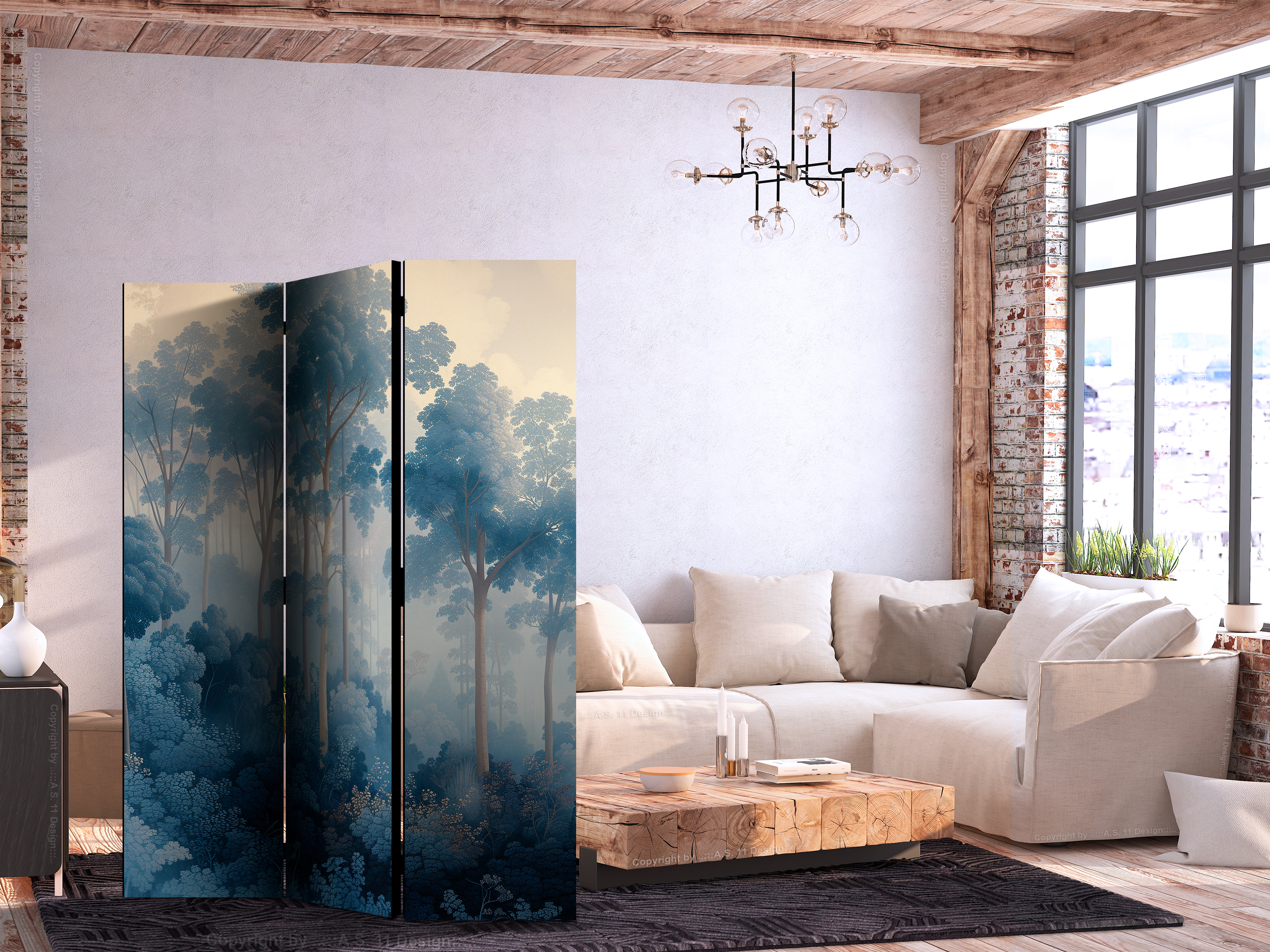 Paravent - Landscape With Trees in Illustration Style. Fairy Blue Forest