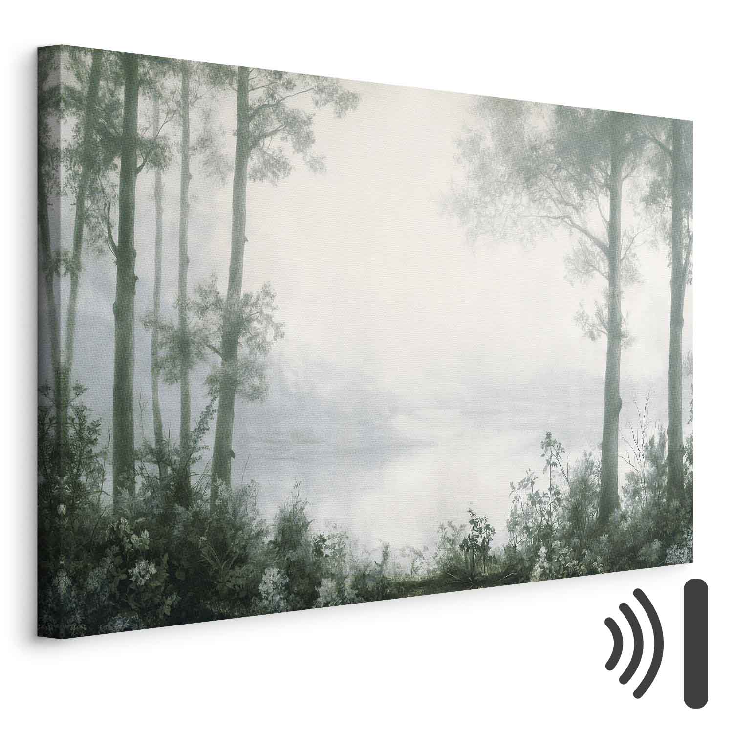 Leinwandbild - Retro Landscape Grove Trees and Pond in Patinated Shades of Green