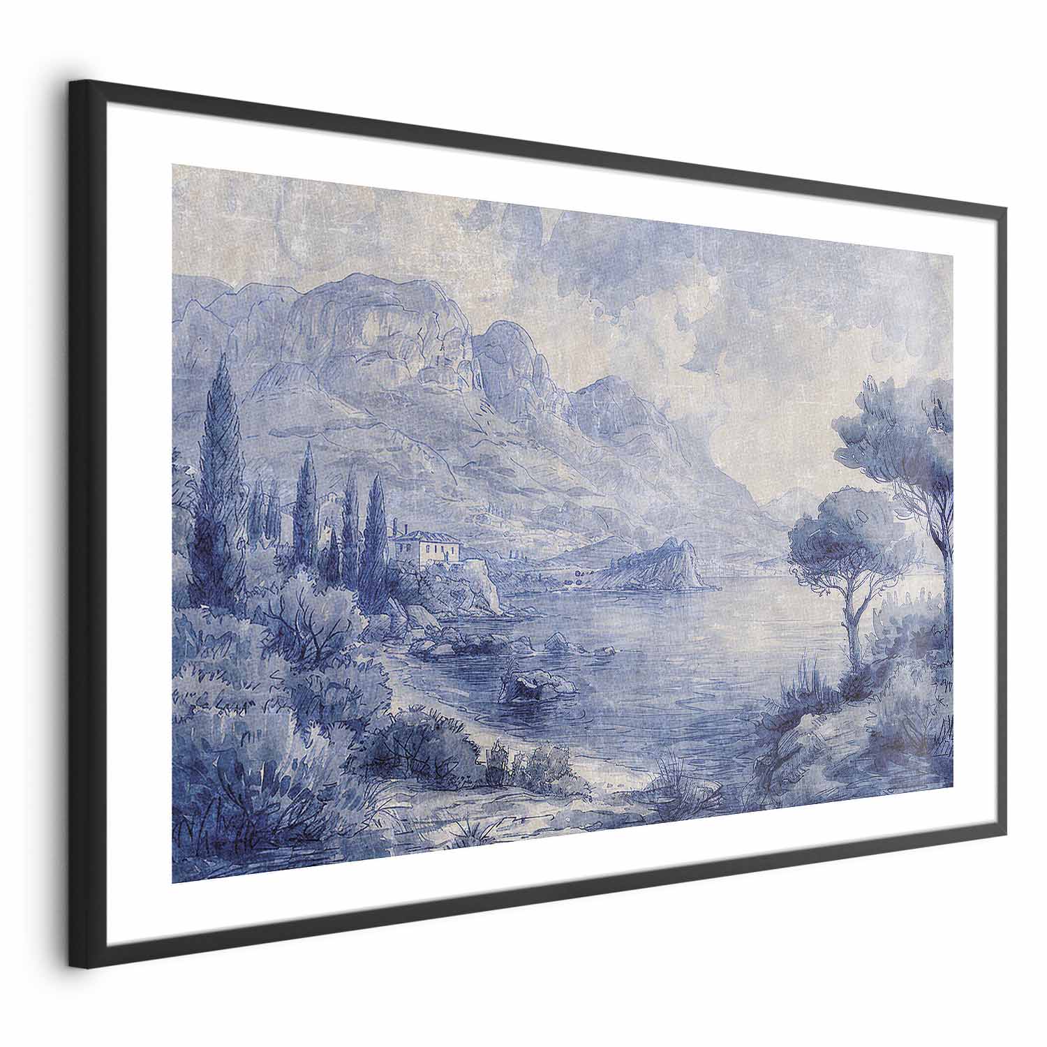 Poster - Blue Bay - Italian Landscape of Lake Como Painted in Blue Ink