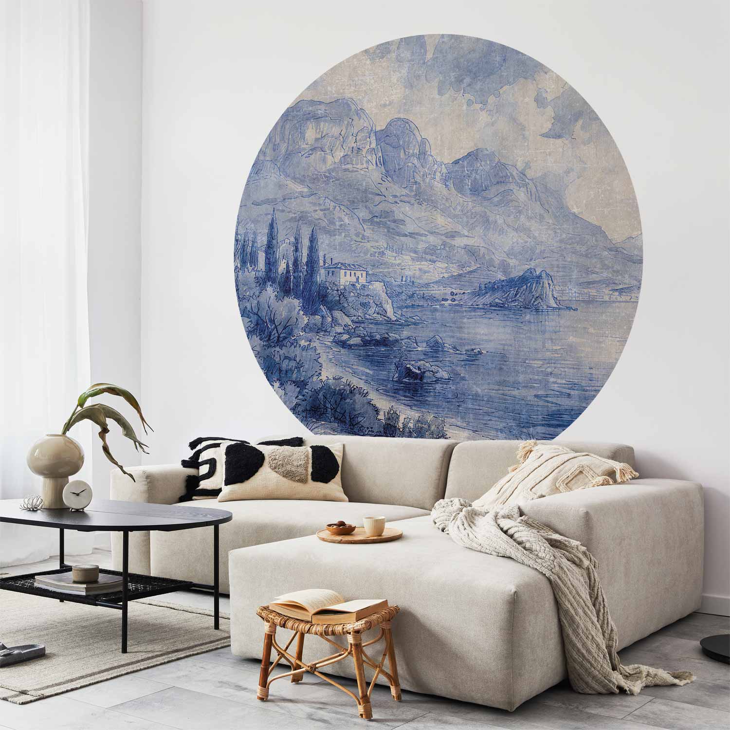 Runde Fototapete - Blue bay - Italian landscape of Lake Como painted with blue ink