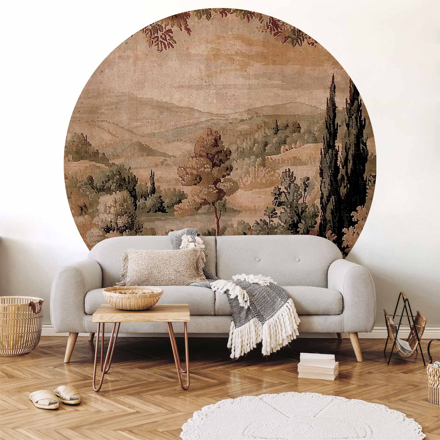 Runde Fototapete - Mediterranean landscape - old tapestry with a hill and a lake