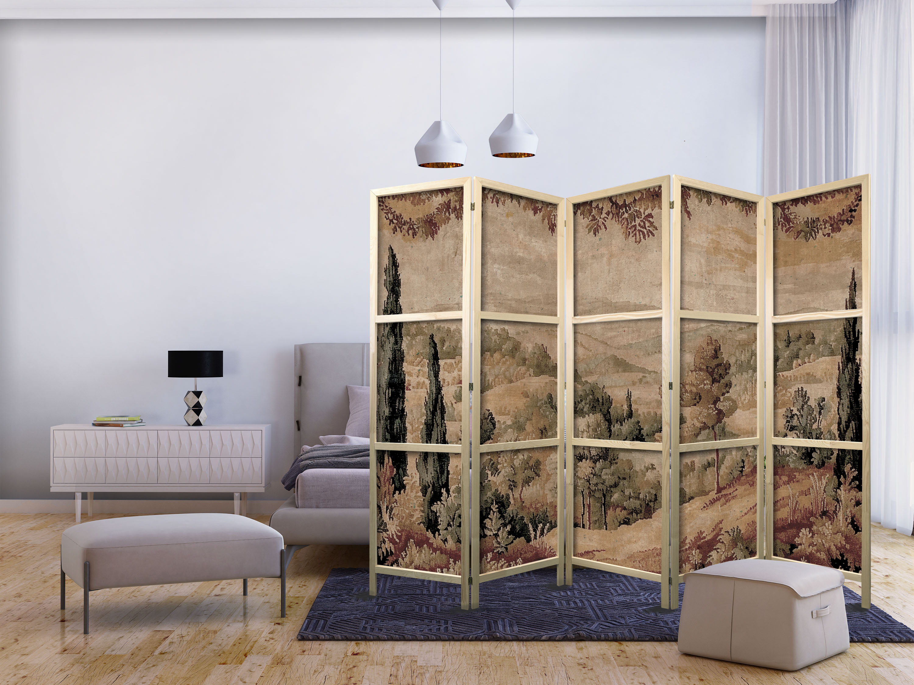 Japanischer Paravent - Landscape with Cypresses - Old Tapestry with Mediterranean Vegetation