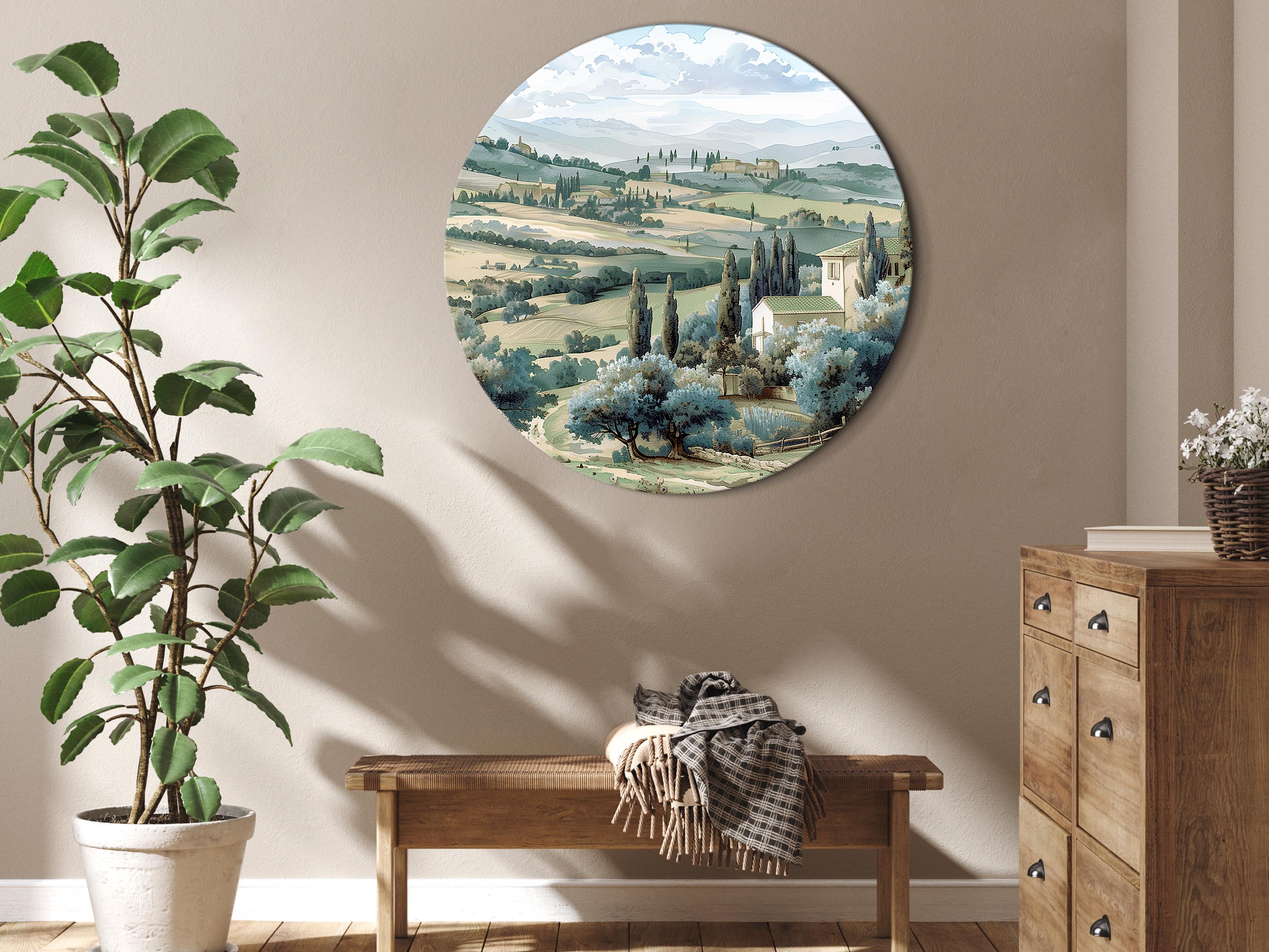 Rundes Bild - Landscape with sunny green fields