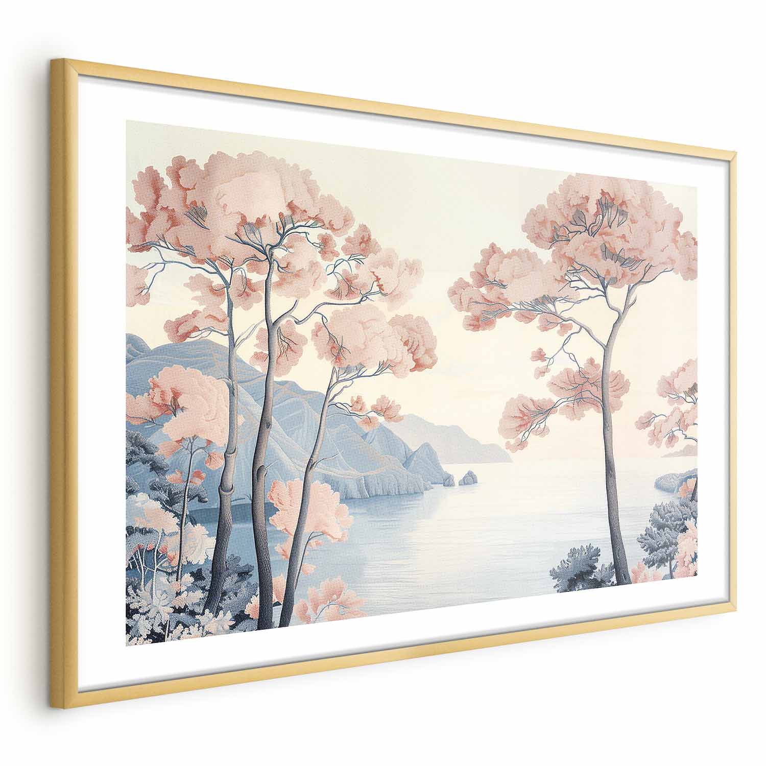 Poster - Ocean Cliffs and Trees; Delicate Motif in Pastel Colors