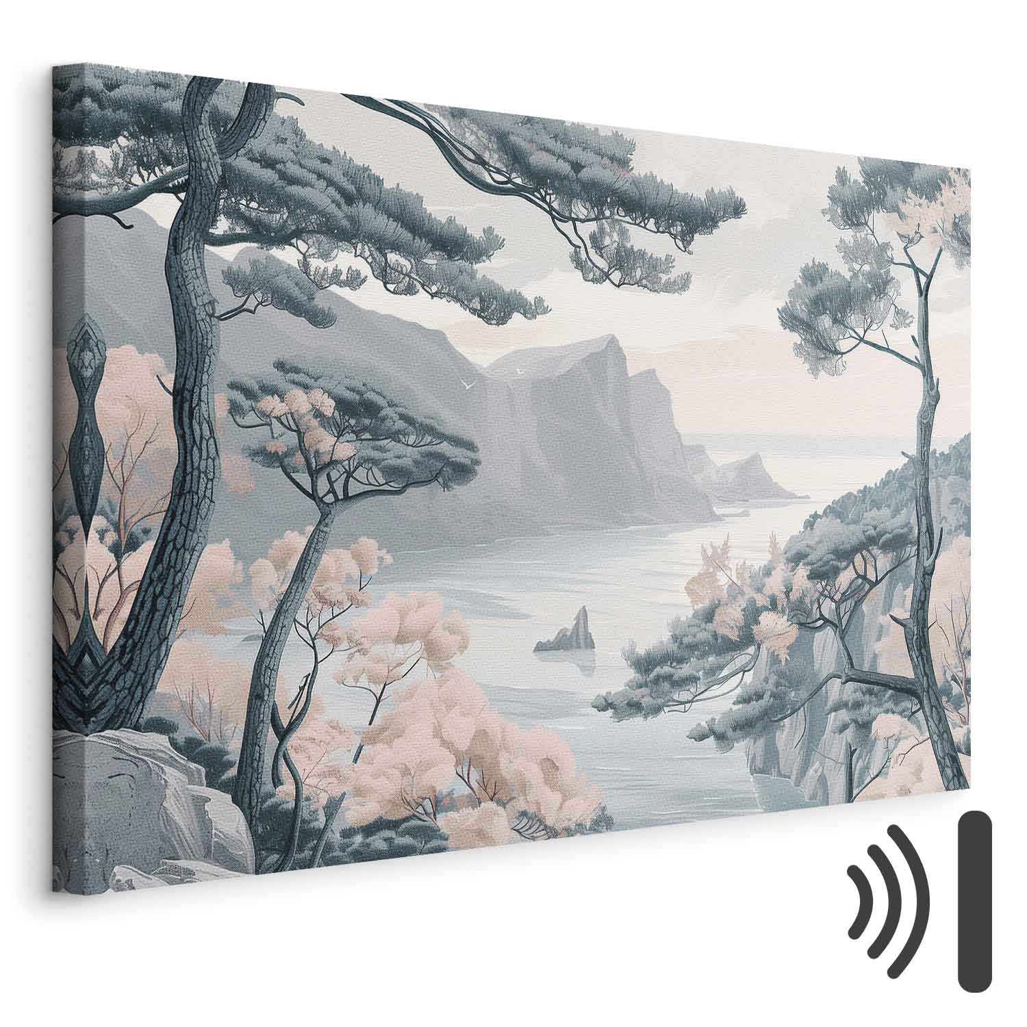 Leinwandbild - Mountainous Coast with Trees and Rocks in Light Pastel Blues