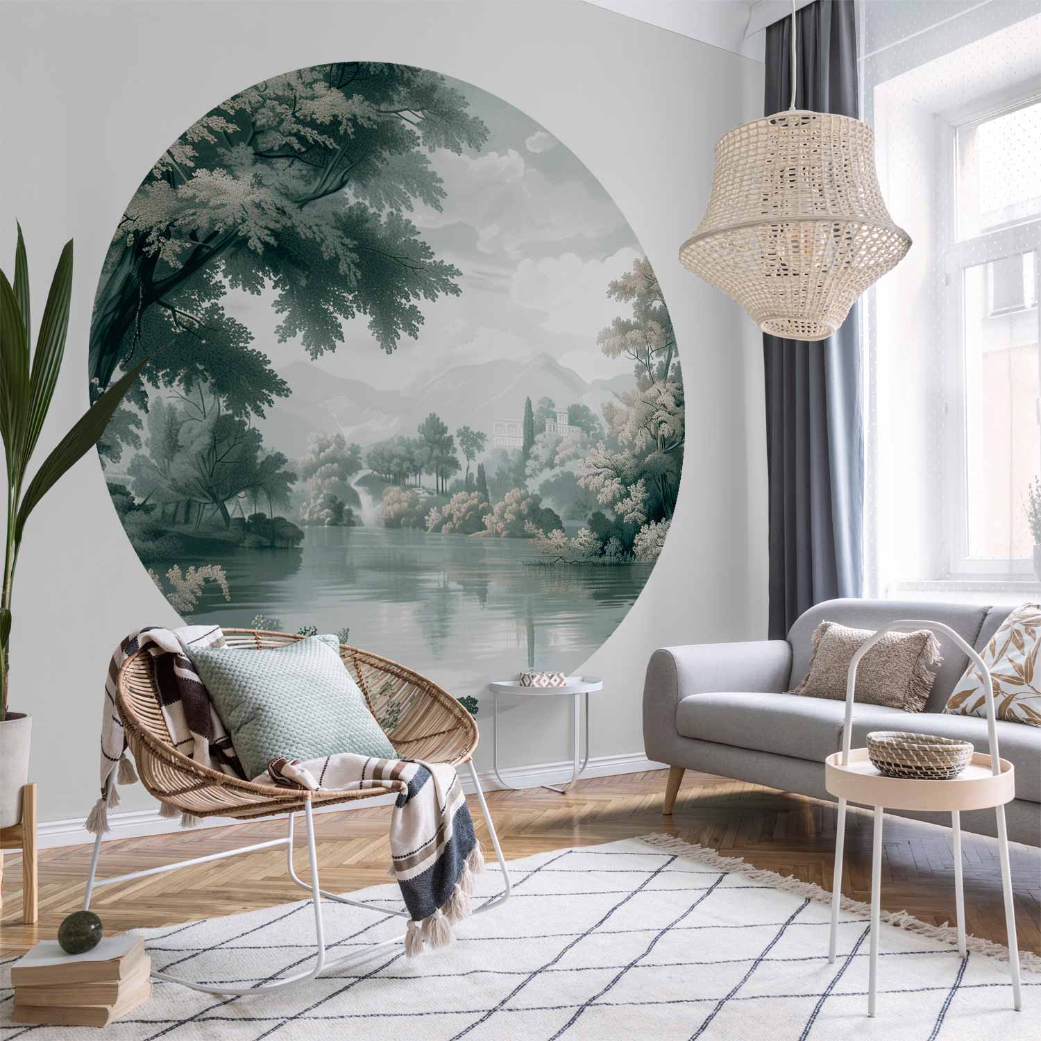 Runde Fototapete - Landscape with a park and lake in retro greens
