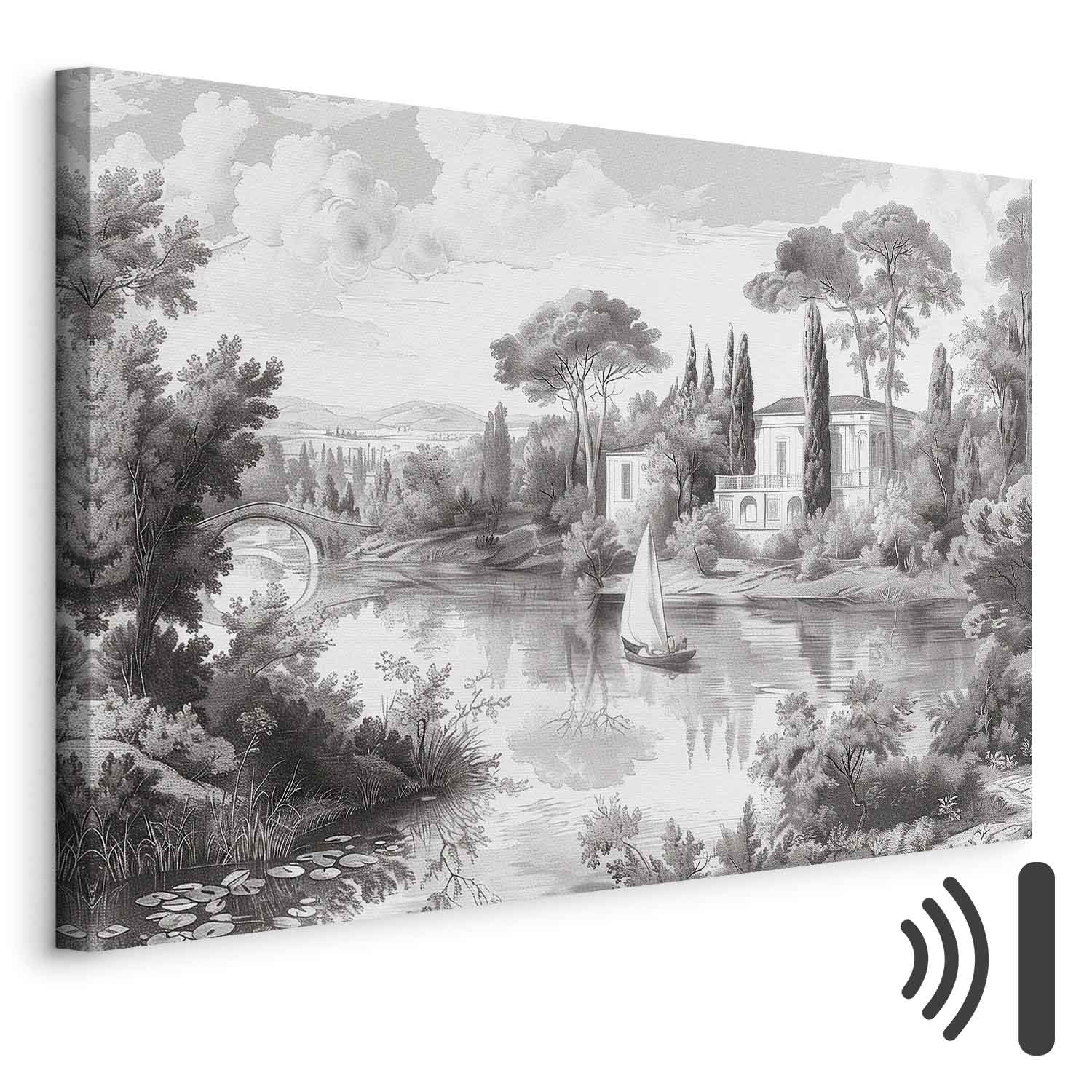 Leinwandbild - Black and White Vintage Landscape Retro View of a Pond with a Boat